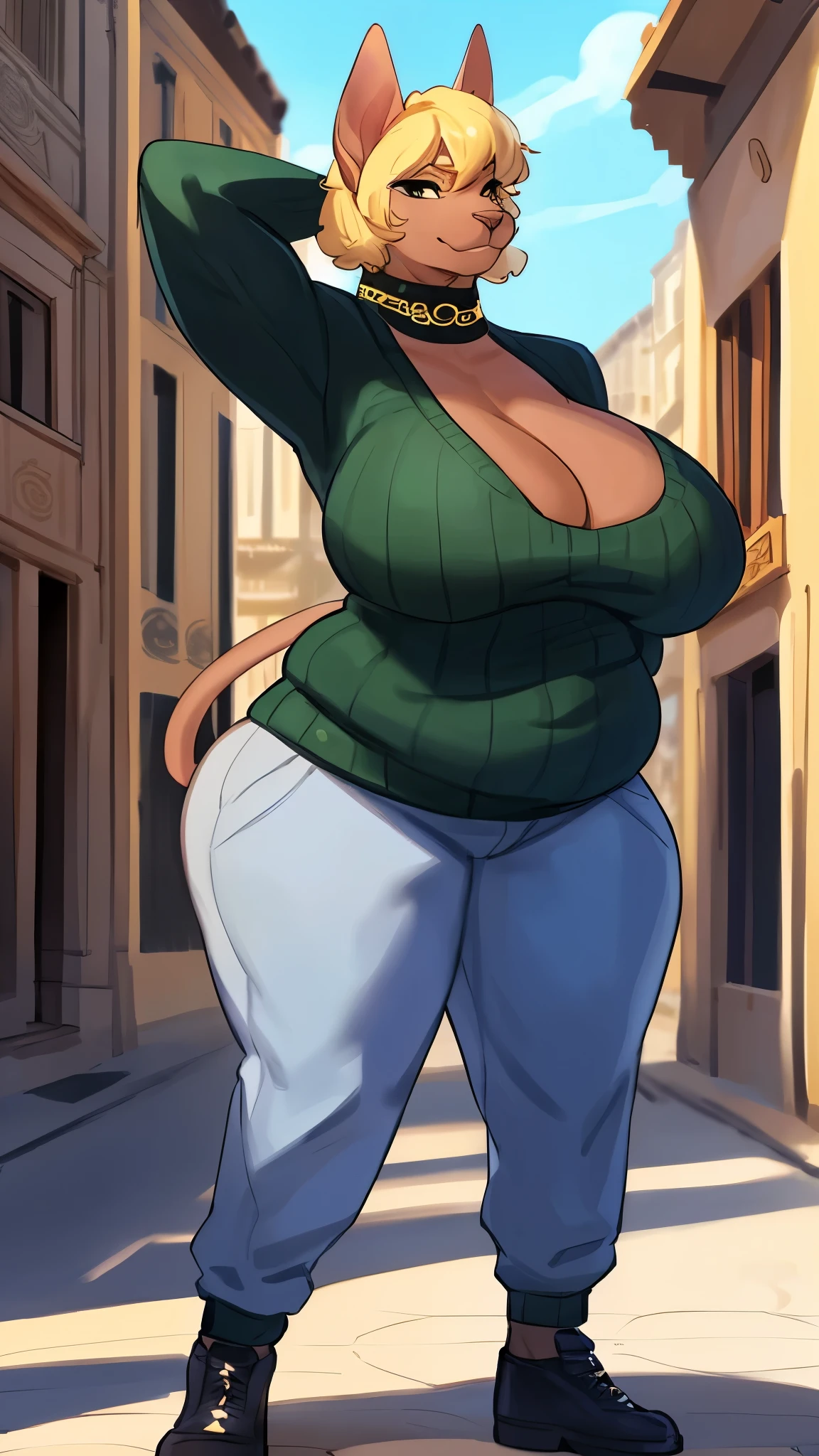 By bebebebebe, by lostgoose, by goonie-san, solo, muscular, feline, ((hairless cat, brown skin, sphynx cat)), smirking, hands behind head, ((blonde hair)), (snout), big breasts, curvy, thicc, overweight, milf, chubby, standing, wrinkly, italian city, massive, size of a building, ((she is a 20 foot tall woman)), detailed eyes, (((versace))), cleavage, sweater, pants