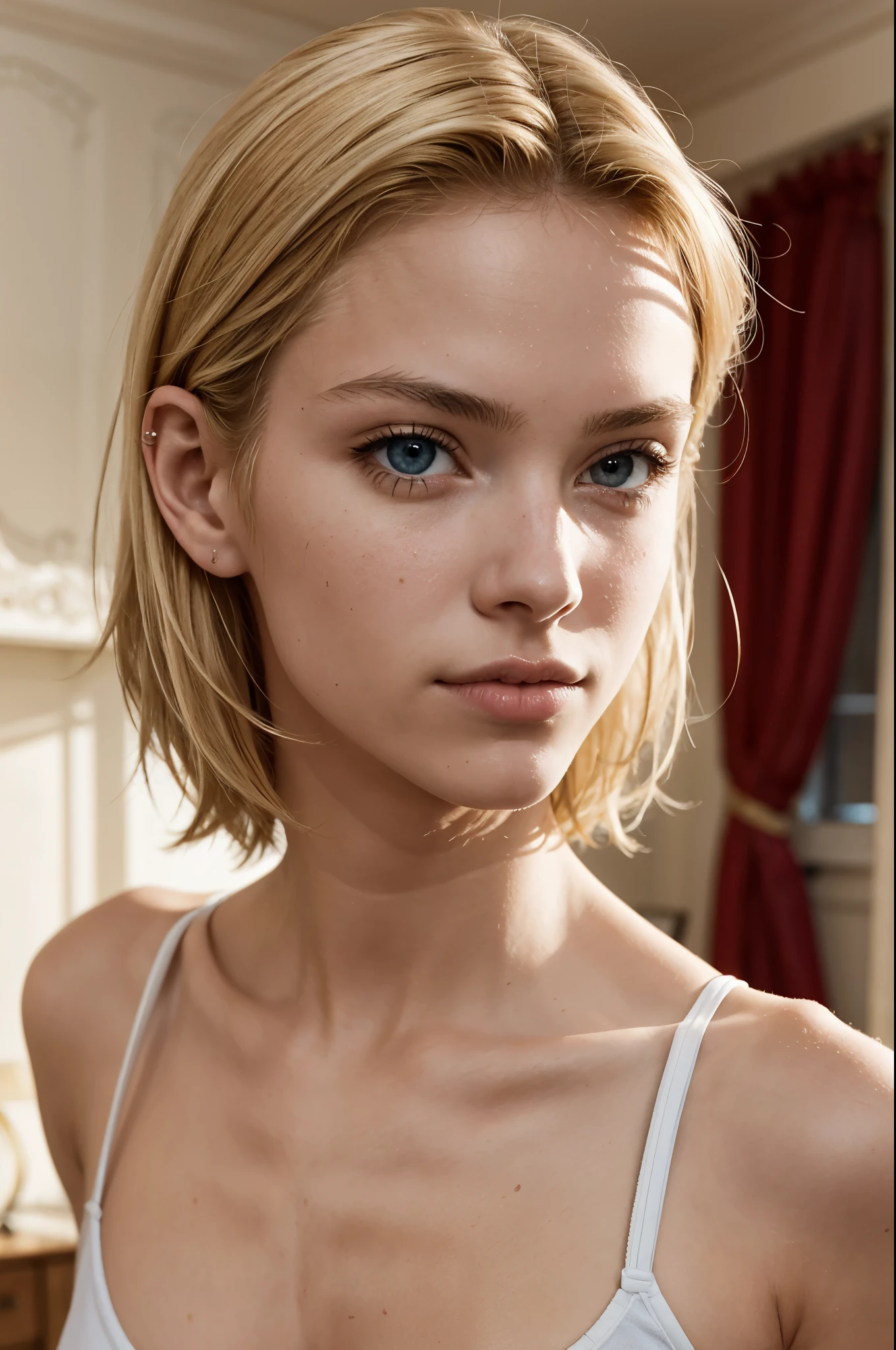 portrait of european girl,solo,20yo, slim, , athletic, slave girl, beautiful face, hair over one eye,medium sidecut, blonde hair, sharp focus, bedroom scene, soft lighting, blurred background