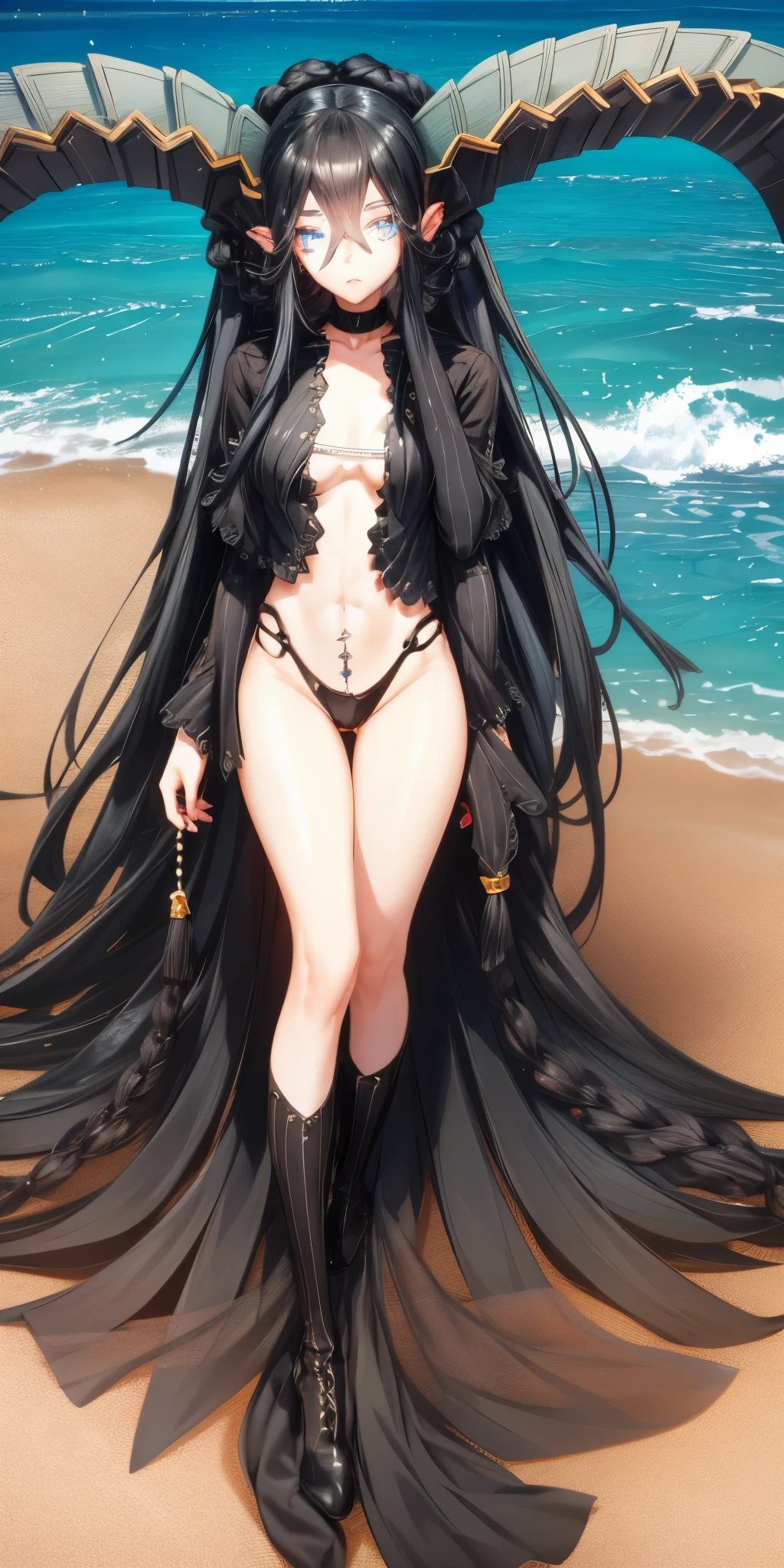 1 girl, long black hair , blue eyes, beach, high res, ultrasharp, 8K, masterpiece, looking at viewer