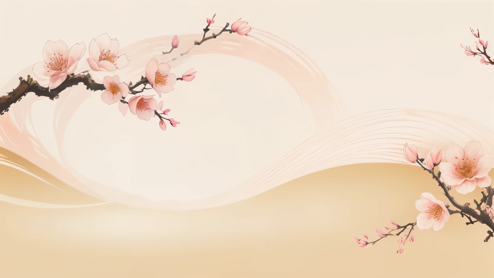 Peach blossom themed background，Leave a large area of white space in the center of the screen。 Light pink undertone。Chinese style，line，Golden wire。minimalistic composition，minimalist style。Chinese painting style。