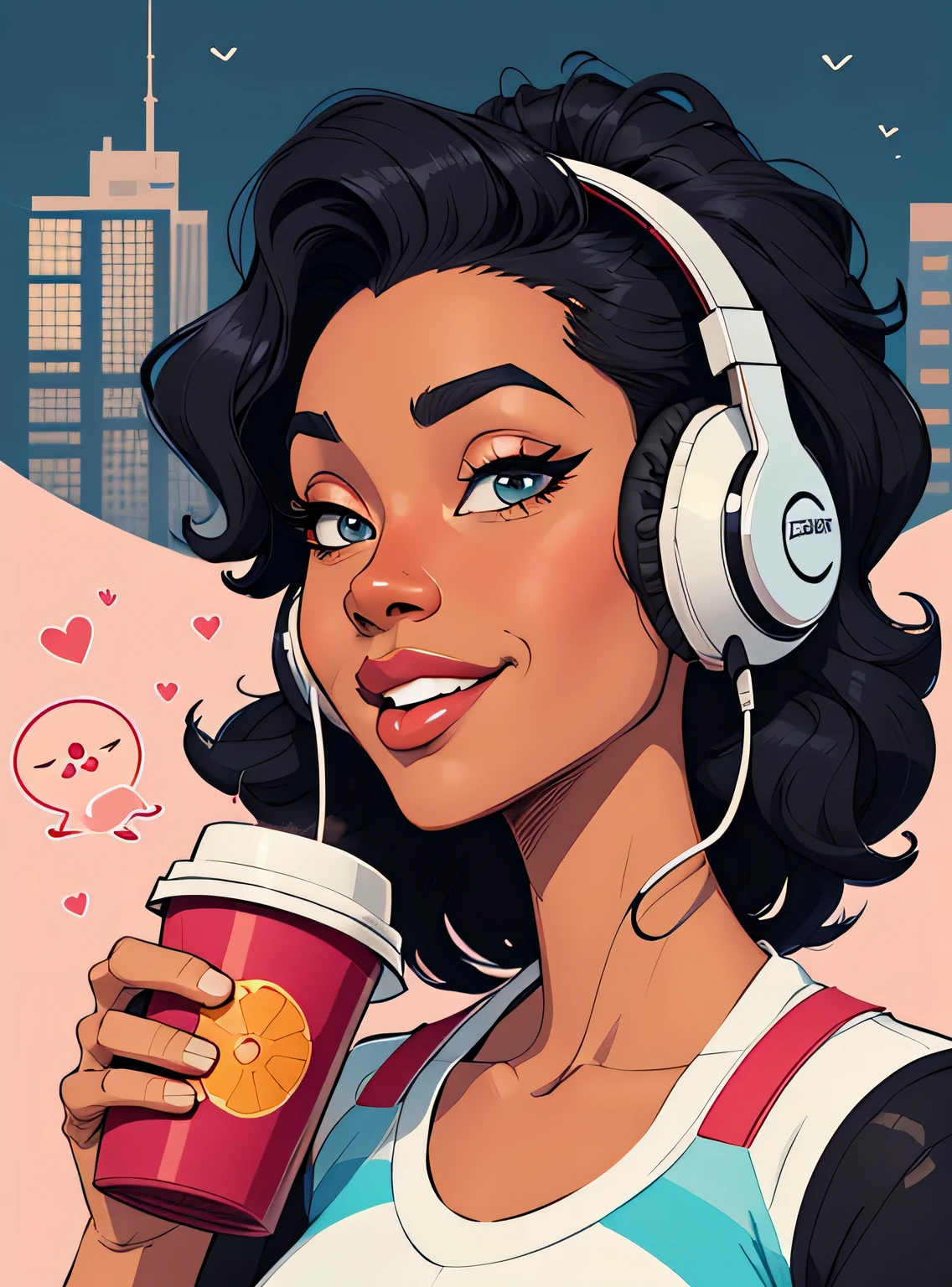 (estilo de desenho animado:1.2), Imagem dos desenhos animados de uma mulher com cabelo africano grande, headphones and drinking coffee, garota negra super fofa e descolada, cartoon style illustration, estilo de arte dos desenhos animados, estilo de arte dos desenhos animados, digital illustration style, design de personagens altamente detalhado, arte digital detalhada fofa, City Girl Fan Art, design de personagem retrato, beautiful digital illustration, retrato de alta qualidade, arte em quadrinhos, Africa, retrato do design do personagem, fundo floral