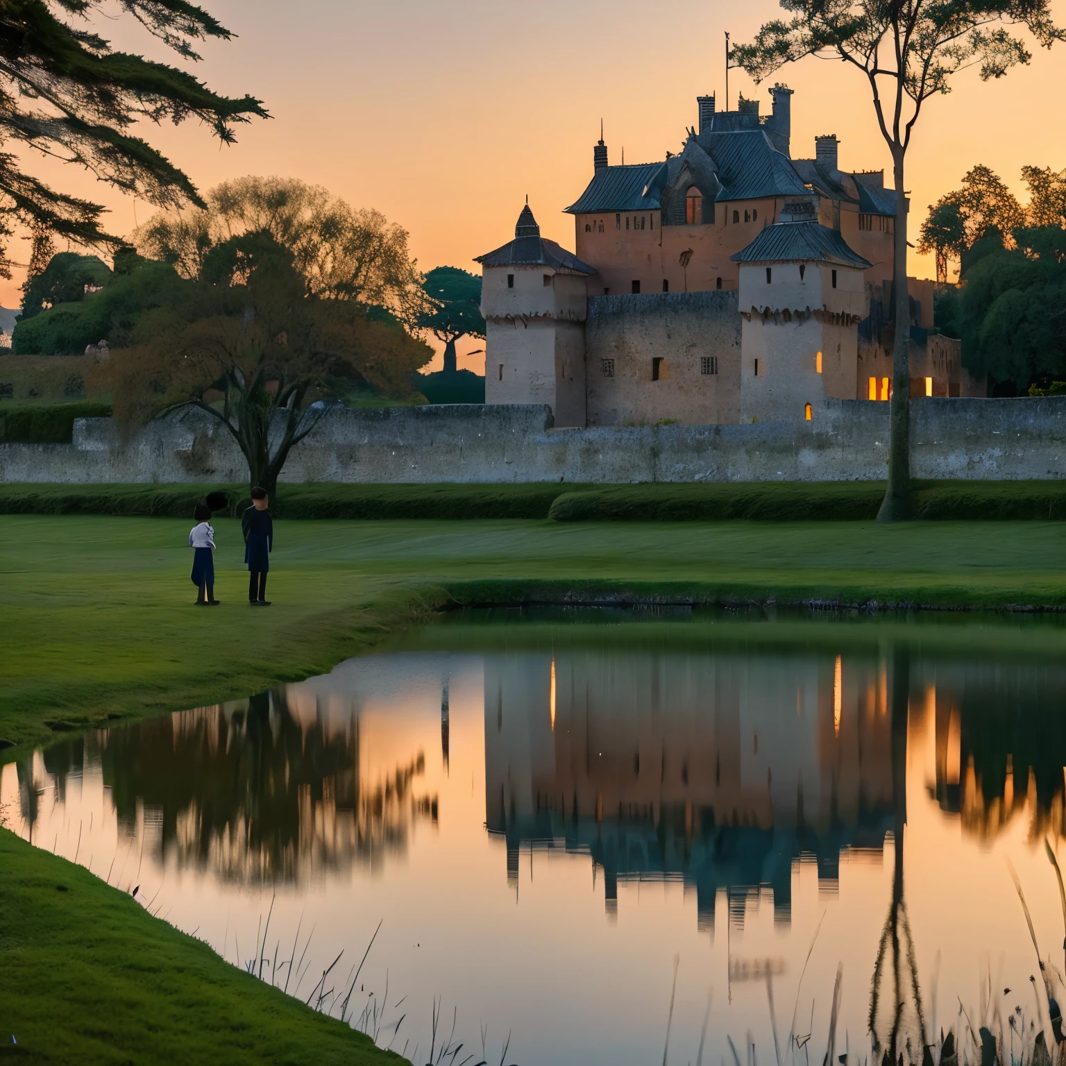 castle reflected on the lake A solid old wall that celebrates history Kiritatsu roof A quiet afternoon at sunset children playing in the lake Highest image quality