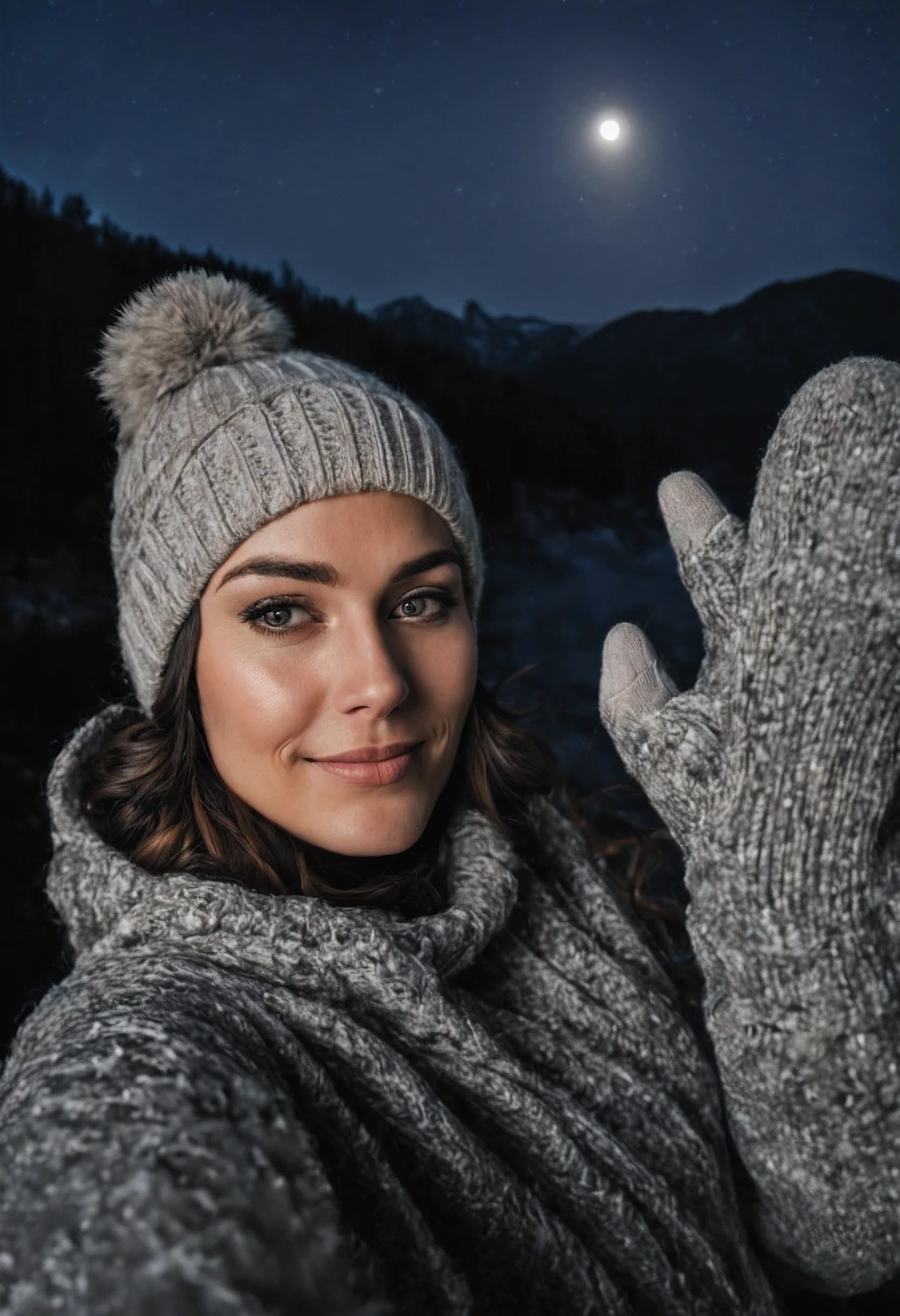 photorealistic, best quality, hyper detailed, beautiful woman, selfie photo, upper body, solo, wearing pullover, outdoors, (night), mountains, real life nature, stars, moon, (cheerful, happy), sleeping bag, gloves, sweater, beanie, flashlight, forest, rocks, river, wood, smoke, fog, clear sky, analog style, looking at viewer, skin texture, film grain, close up, ultra high res, best shadow, RAW, instagram LUT