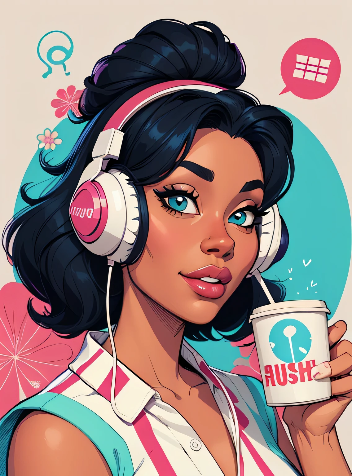 (estilo de desenho animado:1.2), Imagem dos desenhos animados de uma mulher com cabelo africano grande, headphones and drinking coffee, garota negra super fofa e descolada, cartoon style illustration, estilo de arte dos desenhos animados, estilo de arte dos desenhos animados, digital illustration style, design de personagens altamente detalhado, arte digital detalhada fofa, City Girl Fan Art, design de personagem retrato, beautiful digital illustration, retrato de alta qualidade, arte em quadrinhos, Africa, retrato do design do personagem, fundo floral