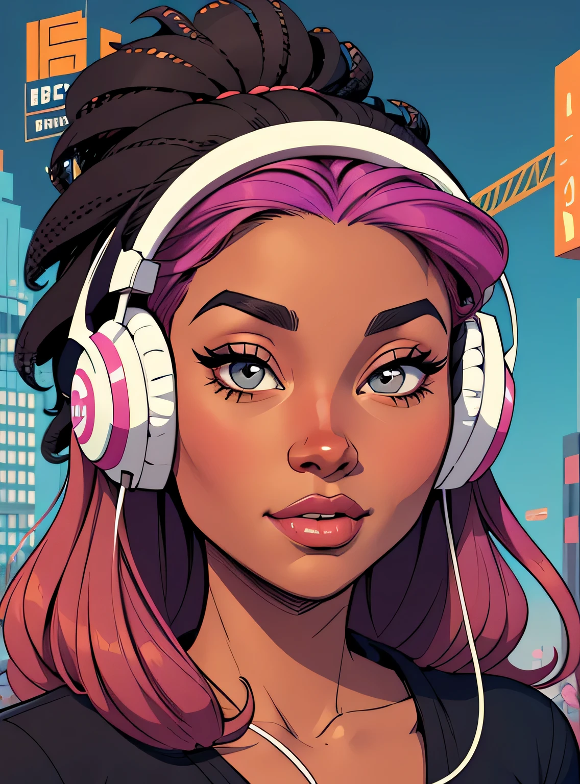(estilo de desenho animado:1.2), Imagem dos desenhos animados de uma mulher com cabelo africano grande, headphones and drinking coffee, garota negra super fofa e descolada, cartoon style illustration, estilo de arte dos desenhos animados, estilo de arte dos desenhos animados, digital illustration style, design de personagens altamente detalhado, arte digital detalhada fofa, City Girl Fan Art, design de personagem retrato, beautiful digital illustration, retrato de alta qualidade, arte em quadrinhos, Africa, retrato do design do personagem, fundo floral