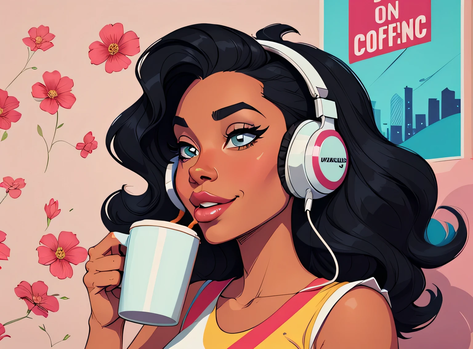 (estilo de desenho animado:1.2), Imagem dos desenhos animados de uma mulher com cabelo africano grande, headphones and drinking coffee, garota negra super fofa e descolada, cartoon style illustration, estilo de arte dos desenhos animados, estilo de arte dos desenhos animados, digital illustration style, design de personagens altamente detalhado, arte digital detalhada fofa, City Girl Fan Art, design de personagem retrato, beautiful digital illustration, retrato de alta qualidade, arte em quadrinhos, Africa, retrato do design do personagem, fundo floral