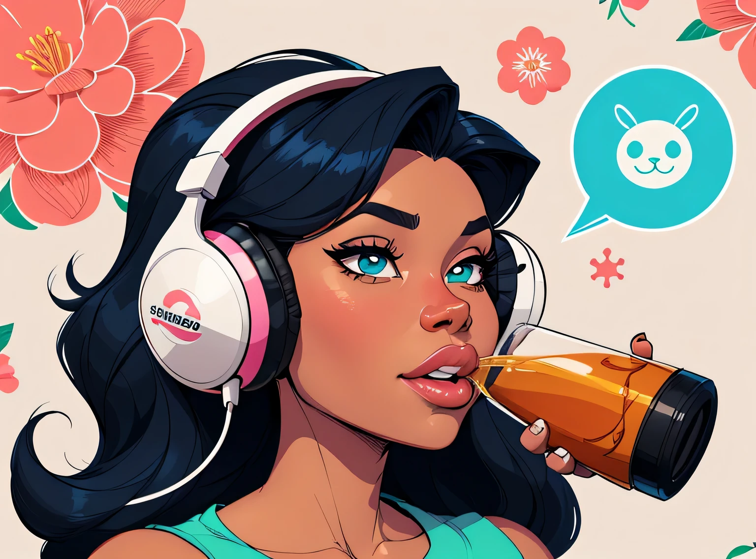 (estilo de desenho animado:1.2), Imagem dos desenhos animados de uma mulher com cabelo africano grande, headphones and drinking coffee, garota negra super fofa e descolada, cartoon style illustration, estilo de arte dos desenhos animados, estilo de arte dos desenhos animados, digital illustration style, design de personagens altamente detalhado, arte digital detalhada fofa, City Girl Fan Art, design de personagem retrato, beautiful digital illustration, retrato de alta qualidade, arte em quadrinhos, Africa, retrato do design do personagem, fundo floral