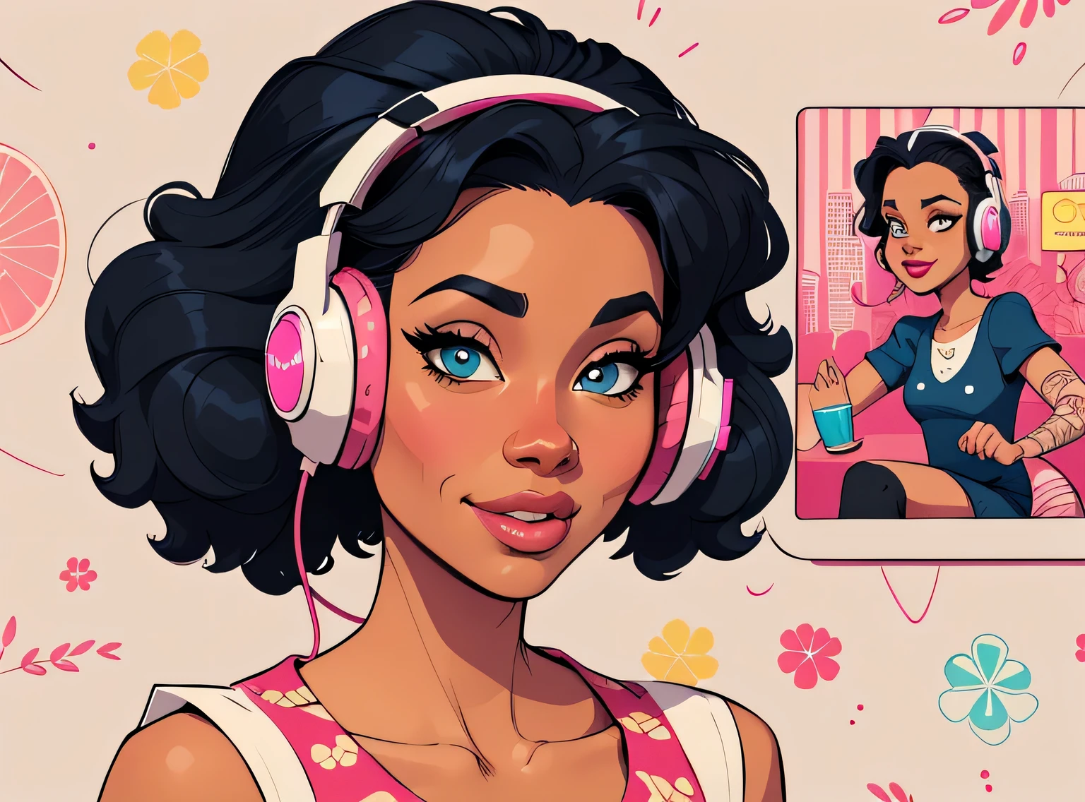 (estilo de desenho animado:1.2), Imagem dos desenhos animados de uma mulher com cabelo africano grande, headphones and drinking coffee, garota negra super fofa e descolada, cartoon style illustration, estilo de arte dos desenhos animados, estilo de arte dos desenhos animados, digital illustration style, design de personagens altamente detalhado, arte digital detalhada fofa, City Girl Fan Art, design de personagem retrato, beautiful digital illustration, retrato de alta qualidade, arte em quadrinhos, Africa, retrato do design do personagem, fundo floral