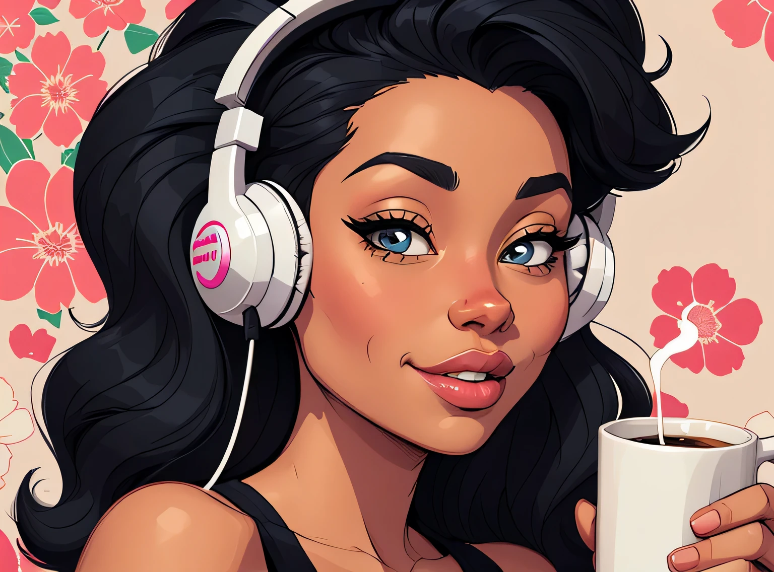 (estilo de desenho animado:1.2), Imagem dos desenhos animados de uma mulher com cabelo africano grande, headphones and drinking coffee, garota negra super fofa e descolada, cartoon style illustration, estilo de arte dos desenhos animados, estilo de arte dos desenhos animados, digital illustration style, design de personagens altamente detalhado, arte digital detalhada fofa, City Girl Fan Art, design de personagem retrato, beautiful digital illustration, retrato de alta qualidade, arte em quadrinhos, Africa, retrato do design do personagem, fundo floral