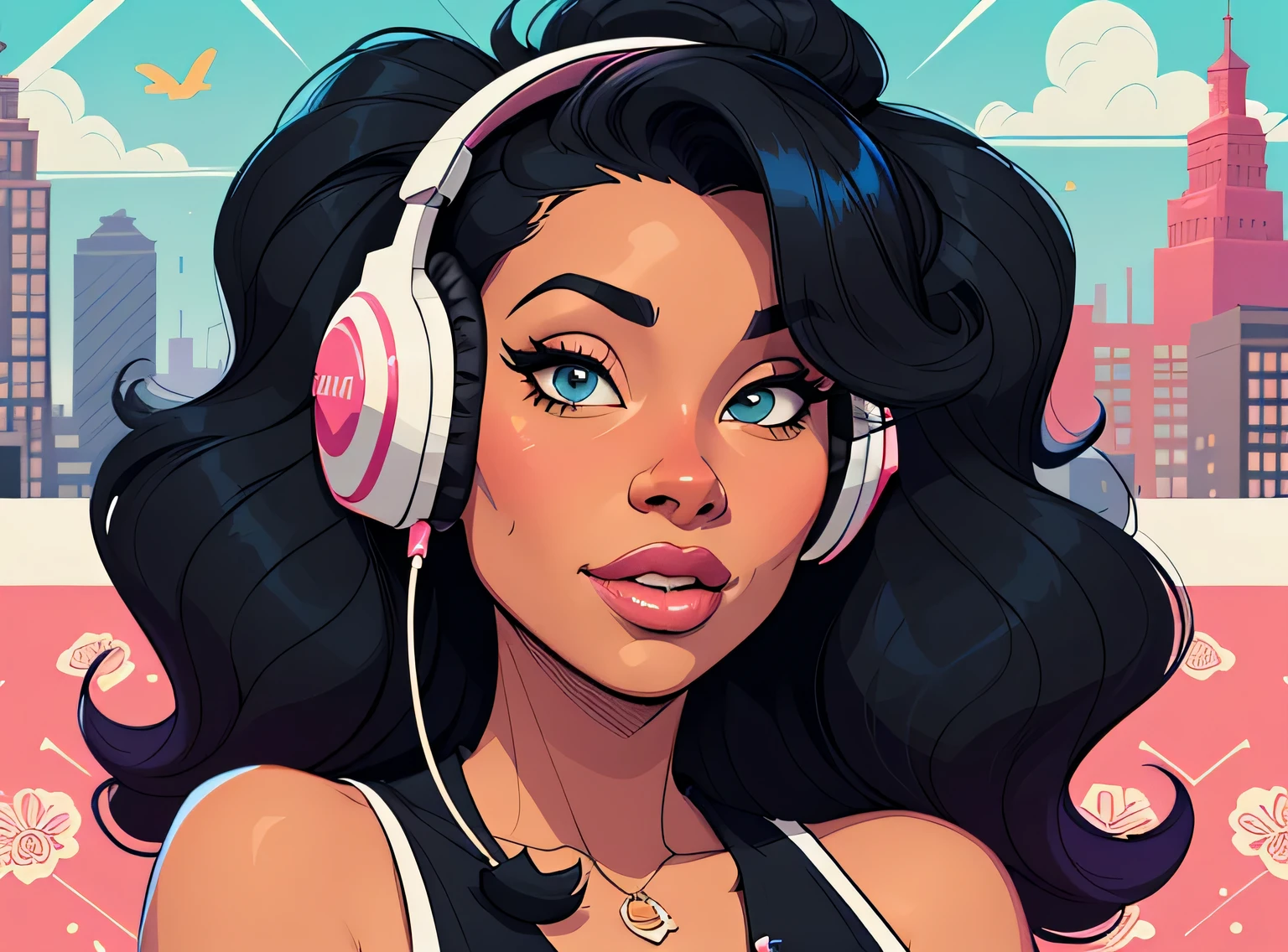 (estilo de desenho animado:1.2), Imagem dos desenhos animados de uma mulher com cabelo africano grande, headphones and drinking coffee, garota negra super fofa e descolada, cartoon style illustration, estilo de arte dos desenhos animados, estilo de arte dos desenhos animados, digital illustration style, design de personagens altamente detalhado, arte digital detalhada fofa, City Girl Fan Art, design de personagem retrato, beautiful digital illustration, retrato de alta qualidade, arte em quadrinhos, Africa, retrato do design do personagem, fundo floral