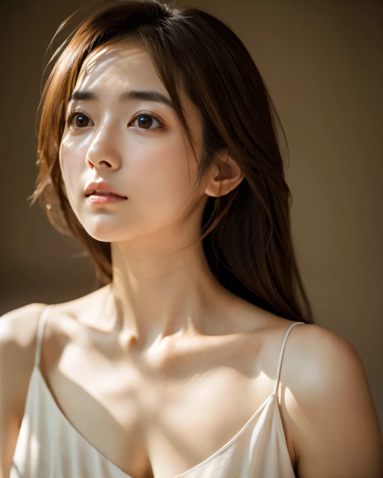 filmg, film portrait photography, 1girl, bare shoulders, wavy shoulder-length hair, serene, calm, (realistic detailed eyes, natural skin texture, realistic face details), soft dramatic lighting, depth of field, bokeh, vibrant details, finely detailed, hyperrealistic, 35mm film, hazy blur,film grain