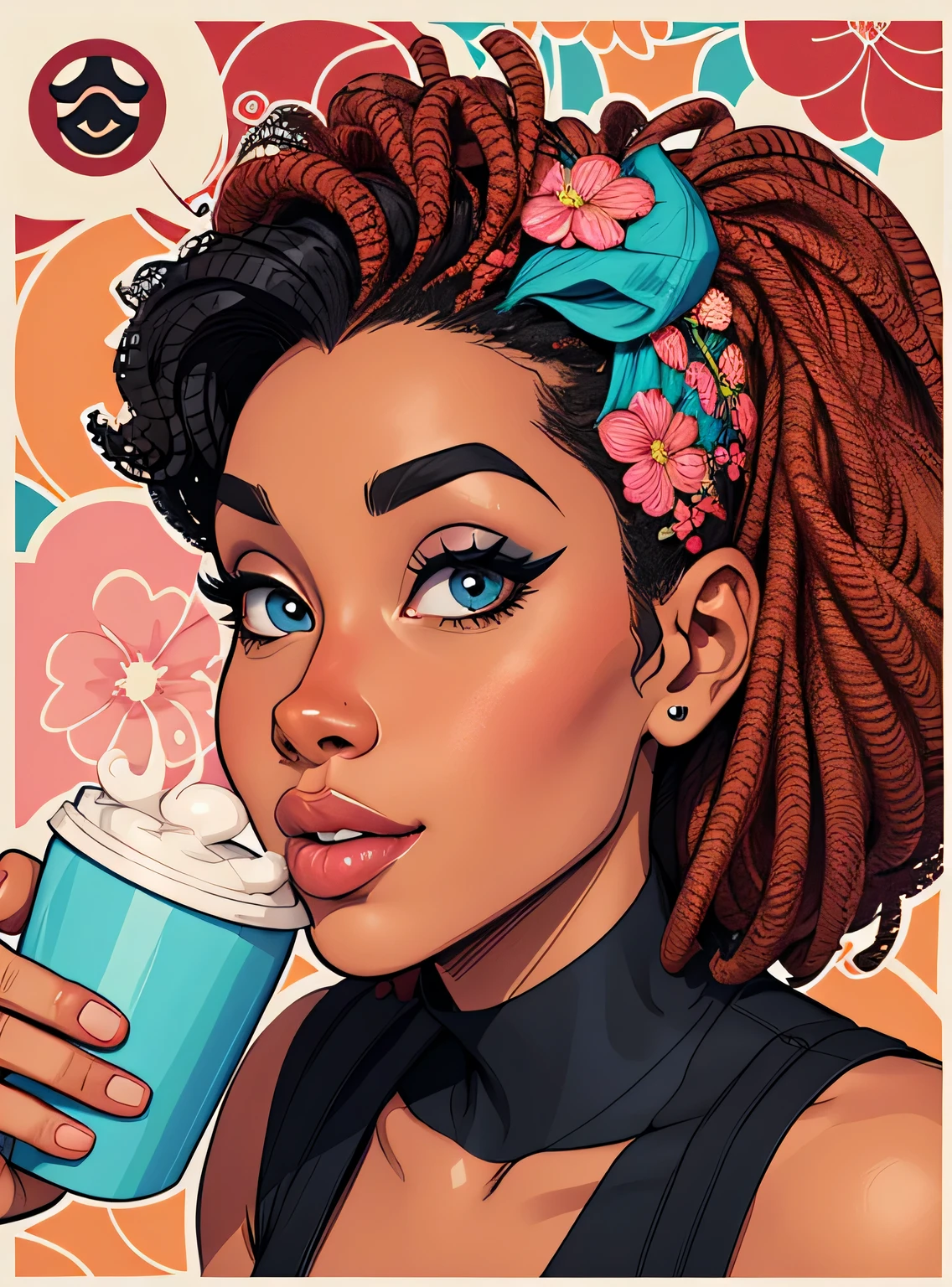 (estilo de desenho animado:1.2), Imagem dos desenhos animados de uma mulher com cabelo africano grande, drinking coffee, garota negra super fofa e descolada, cartoon style illustration, estilo de arte dos desenhos animados, estilo de arte dos desenhos animados, digital illustration style, design de personagens altamente detalhado, arte digital detalhada fofa, City Girl Fan Art, design de personagem retrato, beautiful digital illustration, retrato de alta qualidade, arte em quadrinhos, Africa, retrato do design do personagem, fundo floral