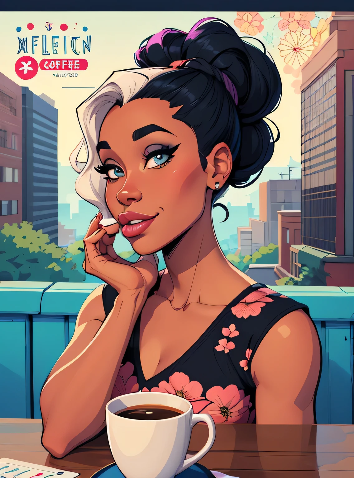 (estilo de desenho animado:1.2), Imagem dos desenhos animados de uma mulher com cabelo africano grande, drinking coffee, garota negra super fofa e descolada, cartoon style illustration, estilo de arte dos desenhos animados, estilo de arte dos desenhos animados, digital illustration style, design de personagens altamente detalhado, arte digital detalhada fofa, City Girl Fan Art, design de personagem retrato, beautiful digital illustration, retrato de alta qualidade, arte em quadrinhos, Africa, retrato do design do personagem, fundo floral