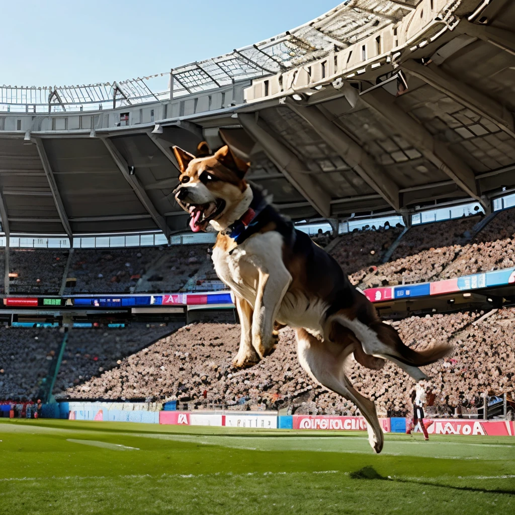 Perro volando en un estadio 