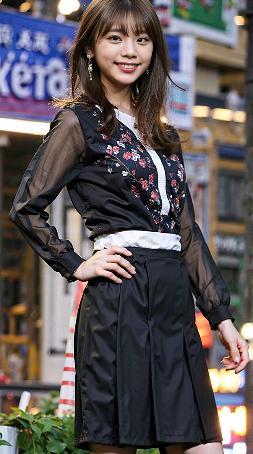 masterpiece, great work, whole body, 1 girl,  mini skirt, blush, bracelet, beautiful breasts, , gradient hair, long hair, looking at the audience, loose earrings, checked skirt, red eyes, ring, smile, alone,  fashion, woman, vitality,  take a pose, front, colorful,concentrated、whole body画像(1:5）、thin legs、Are standing、put your hands on your hips、idol costume、boots、whole body画像、Chest emphasis、pink costume、stand with legs apart