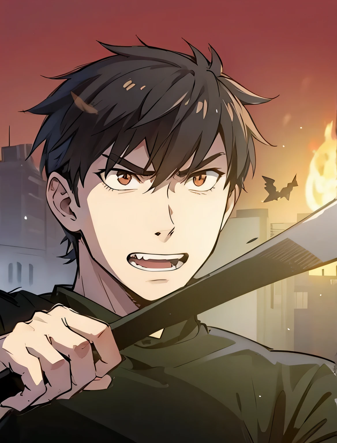 estilo anime, Um cara agachado no telhado, ao ar livre, tronco, evil eyes, nervoso, olhos castanhos, DIABO, dark smoke, fire in city building, vista frontal, foco no visualizador, Foto Real, ultra detalhado, obra de arte, qualidade ultra alta, ultra high resolution, ultra realista, ultra reflection, Ultra Lighting, fundo detalhado, dramatic lighting, Sutil, Tom escuro, 8k