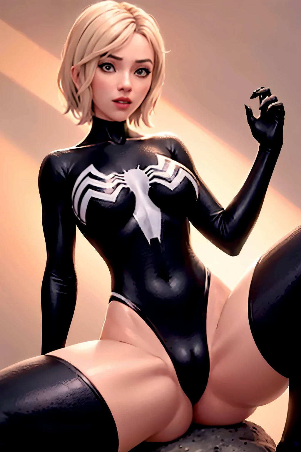 4K,realistically,charming,very detailed,There is a girl in Dingcheng,Wearing black Spider-Man costume,(black and white:1.4) night,symbiont,poison,lots of mucus,She is a hero,Black superhero theme,in front of the sky,complexion,( spread legs, camel toe,, vulva shape:1.3),(GGcamel toe:1.3),25 years old,Full body female love