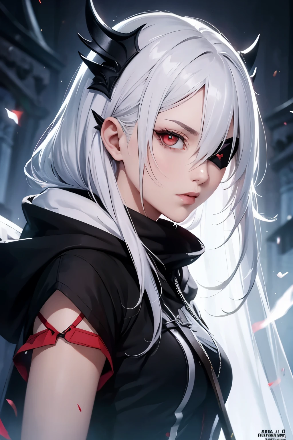 highest detailed, woman with white really long messy beautiful detailed half black half white hair serious eyes, dull eyes, dead inside, dar heterochromia yellow and red eyes, beautiful, majestic, evil, , robtic black arm, poofy lips, cold, with huge cyberpunk sword