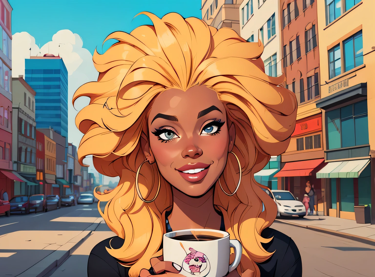 (estilo de desenho animado:1.2), Imagem dos desenhos animados de uma mulher com cabelo africano grande, drinking coffee, garota negra super fofa e descolada, cartoon style illustration, estilo de arte dos desenhos animados, estilo de arte dos desenhos animados, digital illustration style, design de personagens altamente detalhado, arte digital detalhada fofa, City Girl Fan Art, design de personagem retrato, beautiful digital illustration, retrato de alta qualidade, arte em quadrinhos, Africa, retrato do design do personagem, fundo floral