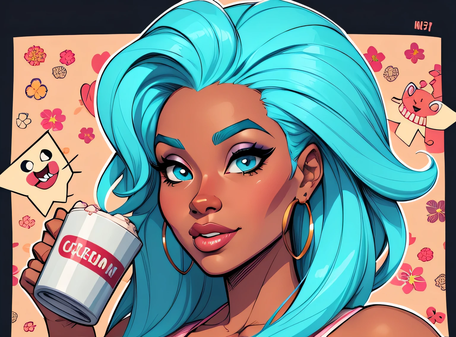 (estilo de desenho animado:1.2), Imagem dos desenhos animados de uma mulher com cabelo africano grande, drinking coffee, garota negra super fofa e descolada, cartoon style illustration, estilo de arte dos desenhos animados, estilo de arte dos desenhos animados, digital illustration style, design de personagens altamente detalhado, arte digital detalhada fofa, City Girl Fan Art, design de personagem retrato, beautiful digital illustration, retrato de alta qualidade, arte em quadrinhos, Africa, retrato do design do personagem, fundo floral