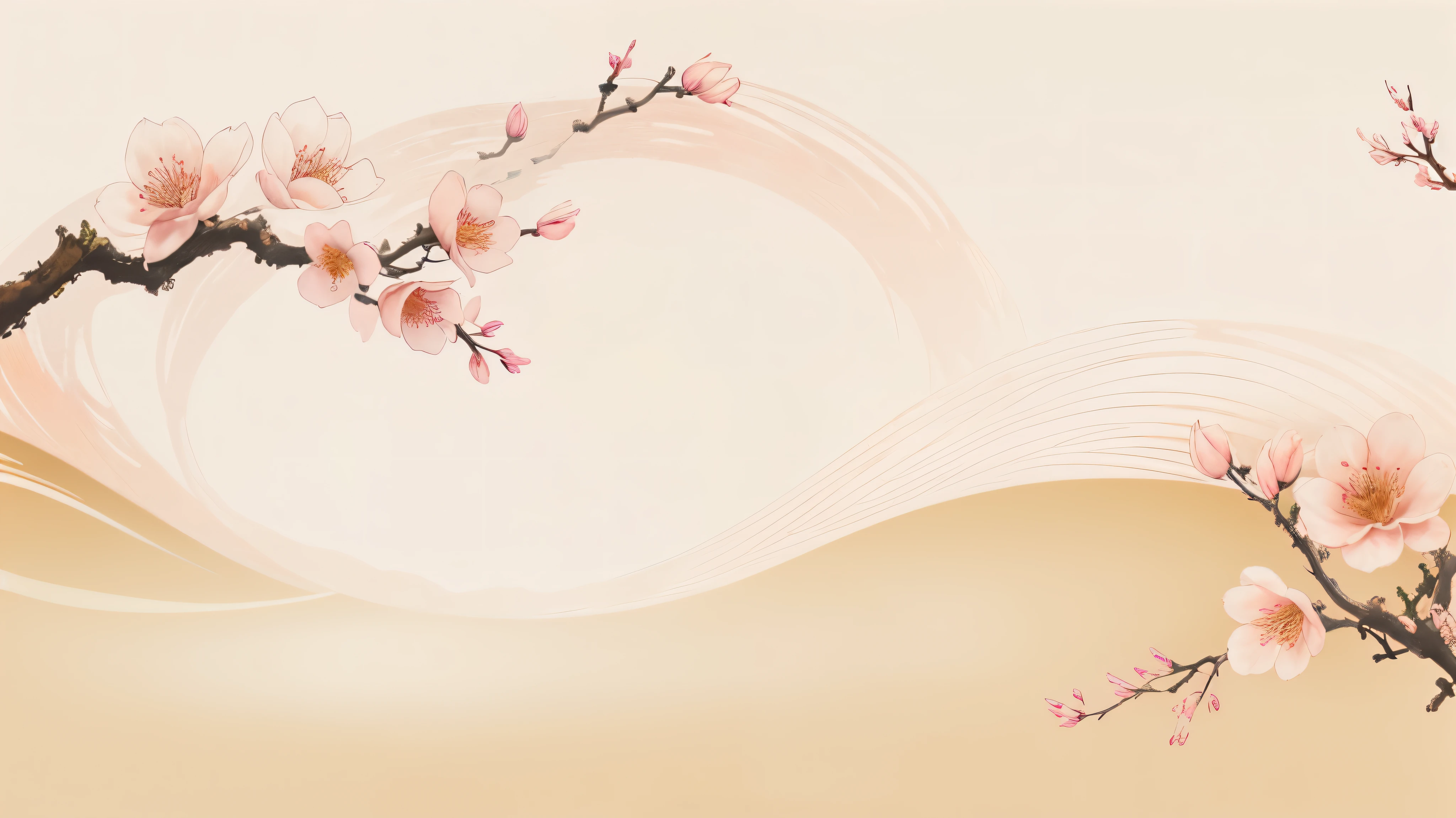 Peach blossom theme background，Leave a large area of white space in the center of the screen。 light pink background。Chinese style，Wire，金Wire。minimalistic composition，minimalist style。Chinese painting style。