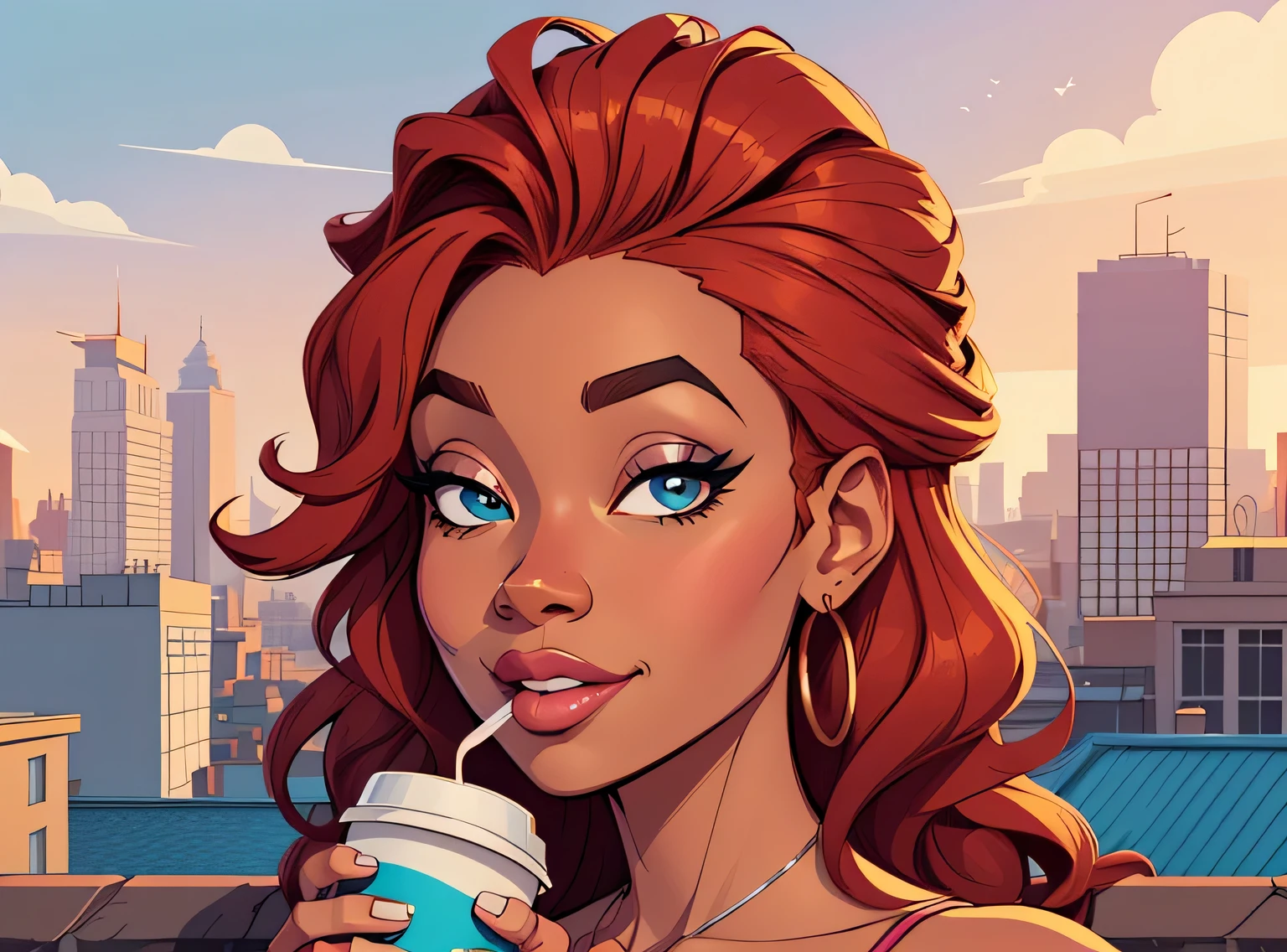 (estilo de desenho animado:1.2), Imagem dos desenhos animados de uma mulher com cabelo africano grande, drinking coffee, garota negra super fofa e descolada, cartoon style illustration, estilo de arte dos desenhos animados, estilo de arte dos desenhos animados, digital illustration style, design de personagens altamente detalhado, arte digital detalhada fofa, City Girl Fan Art, design de personagem retrato, beautiful digital illustration, retrato de alta qualidade, arte em quadrinhos, Africa, retrato do design do personagem, fundo floral