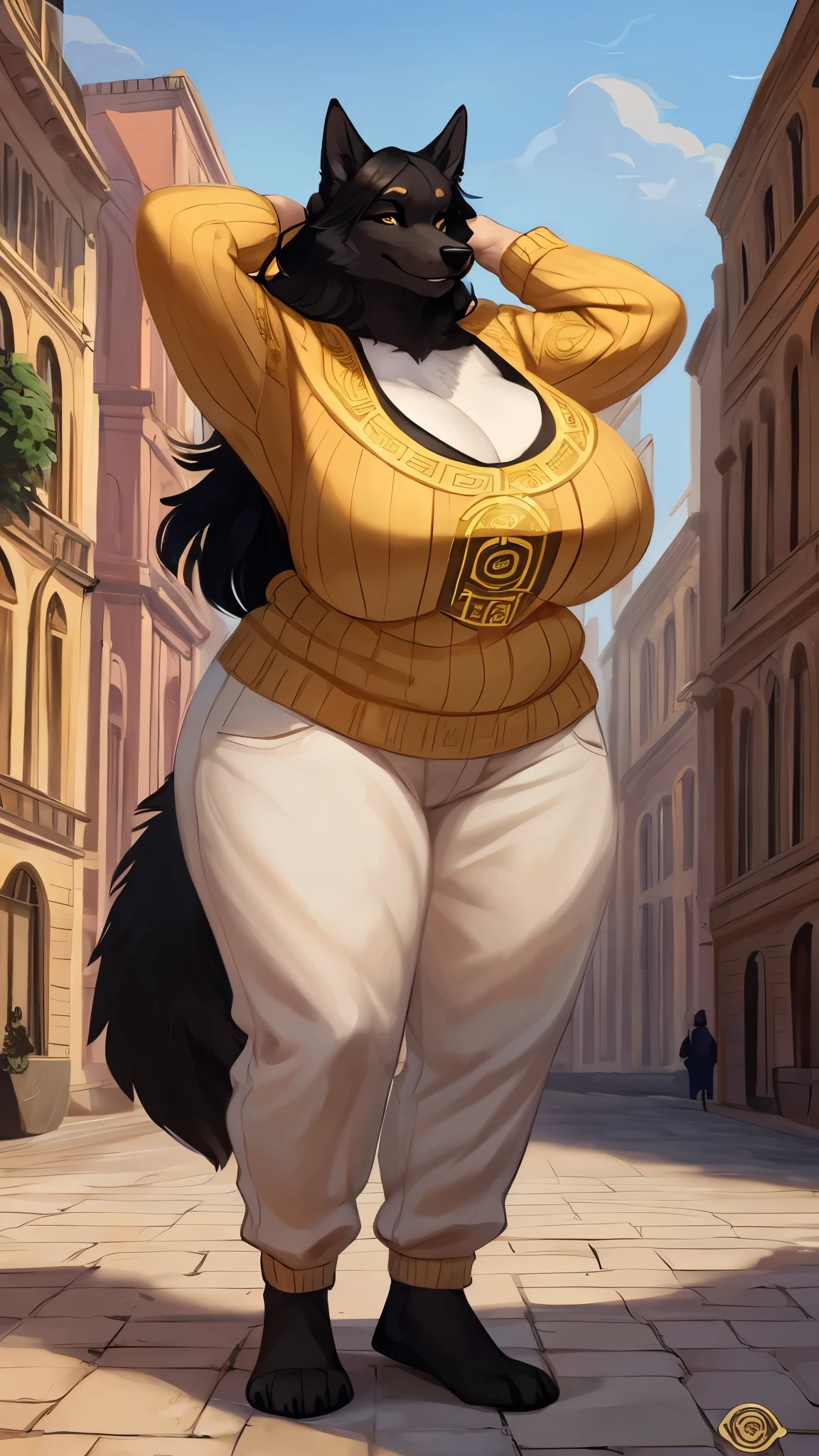 By bebebebebe, by lostgoose, by goonie-san, solo, muscular, canine, ((black wolf, fluffy)), smirking, hands behind head, ((coppe4 hair)), (snout), big breasts, curvy, thicc, overweight, milf, chubby, standing, wrinkly, italian city, massive, size of a building, ((she is a 20 foot tall woman)), detailed eyes, (((versace))), cleavage, sweater, pants