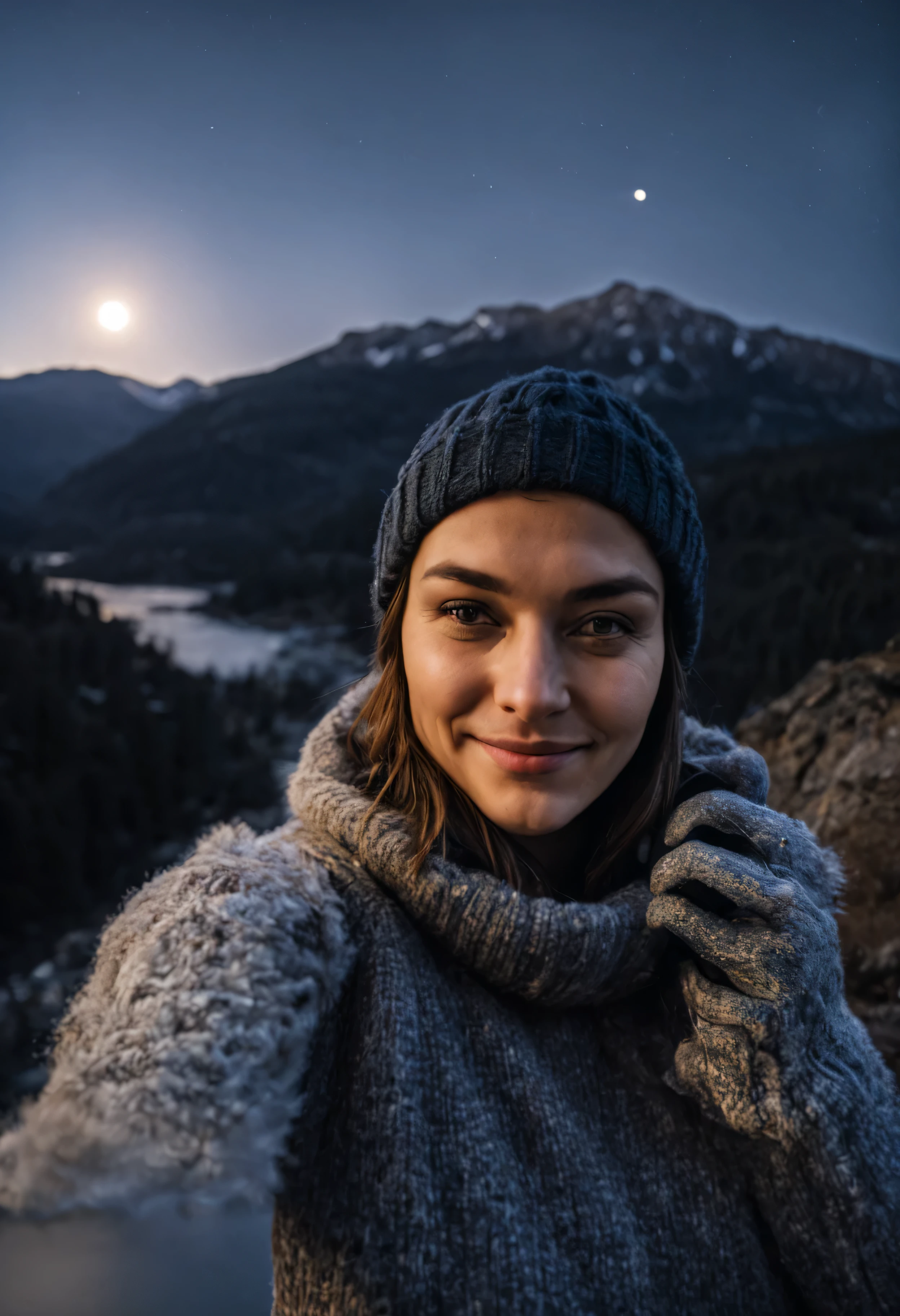 photorealistic, best quality, hyper detailed, beautiful woman, selfie photo, upper body, solo, wearing pullover, outdoors, (night), mountains, real life nature, stars, moon, (cheerful, happy), sleeping bag, gloves, sweater, beanie, flashlight, forest, rocks, river, wood, smoke, fog, clear sky, analog style, looking at viewer, skin texture, film grain, close up, ultra high res, best shadow, RAW, instagram LUT