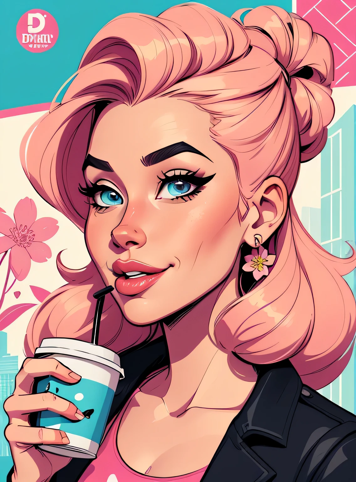 (estilo de desenho animado:1.2), Imagem de desenho animado de uma mulher com cabelo grande, drinking coffee, garota funky super fofa, cartoon style illustration, estilo de arte dos desenhos animados, estilo de arte dos desenhos animados, digital illustration style, design de personagens altamente detalhado, arte digital detalhada fofa, City Girl Fan Art, design de personagem retrato, beautiful digital illustration, retrato de alta qualidade, arte em quadrinhos, retrato do design do personagem, fundo floral