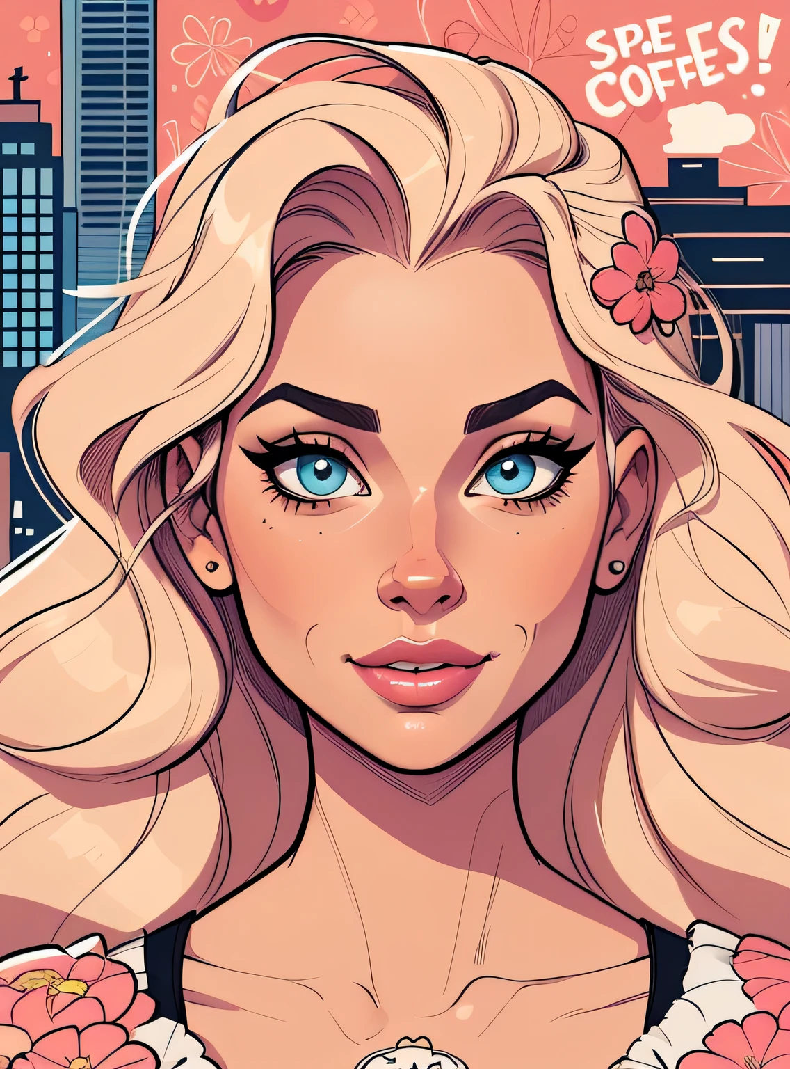 (estilo de desenho animado:1.2), Cartoon image of a woman with big hair and coffee, garota funky super fofa, cartoon style illustration, estilo de arte dos desenhos animados, estilo de arte dos desenhos animados, digital illustration style, design de personagens altamente detalhado, arte digital detalhada fofa, City Girl Fan Art, design de personagem retrato, beautiful digital illustration, retrato de alta qualidade, arte em quadrinhos, retrato do design do personagem, fundo floral