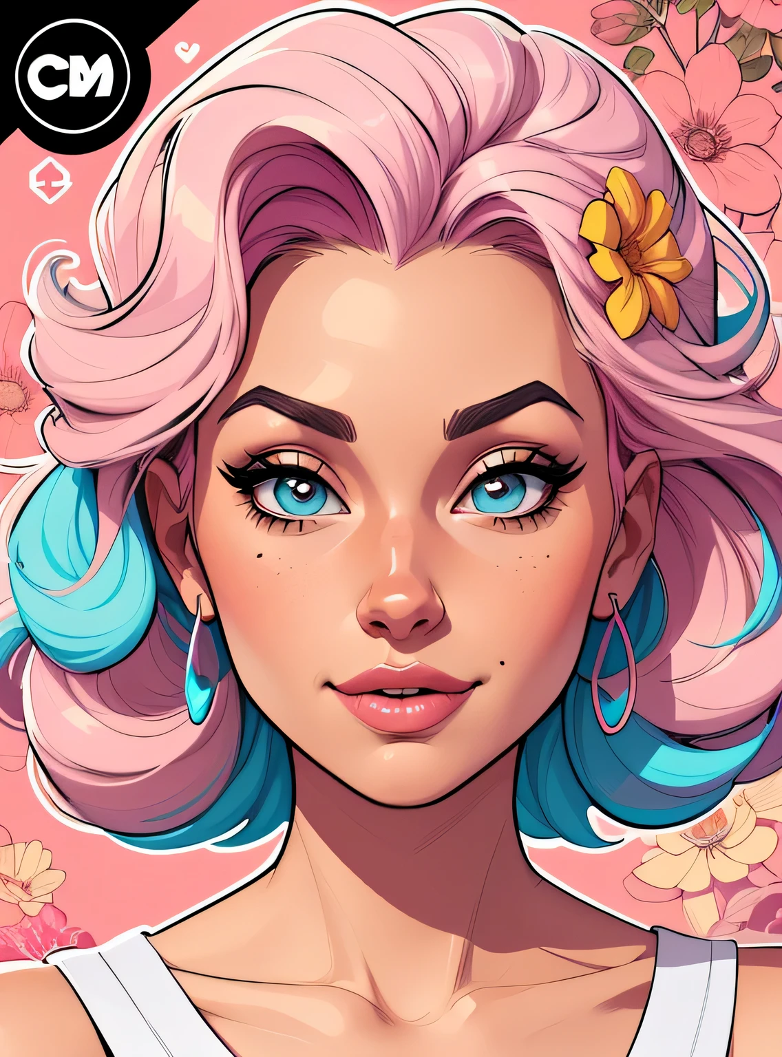 (estilo de desenho animado:1.2), Cartoon image of a woman with big hair and coffee, garota funky super fofa, cartoon style illustration, estilo de arte dos desenhos animados, estilo de arte dos desenhos animados, digital illustration style, design de personagens altamente detalhado, arte digital detalhada fofa, City Girl Fan Art, design de personagem retrato, beautiful digital illustration, retrato de alta qualidade, arte em quadrinhos, retrato do design do personagem, fundo floral