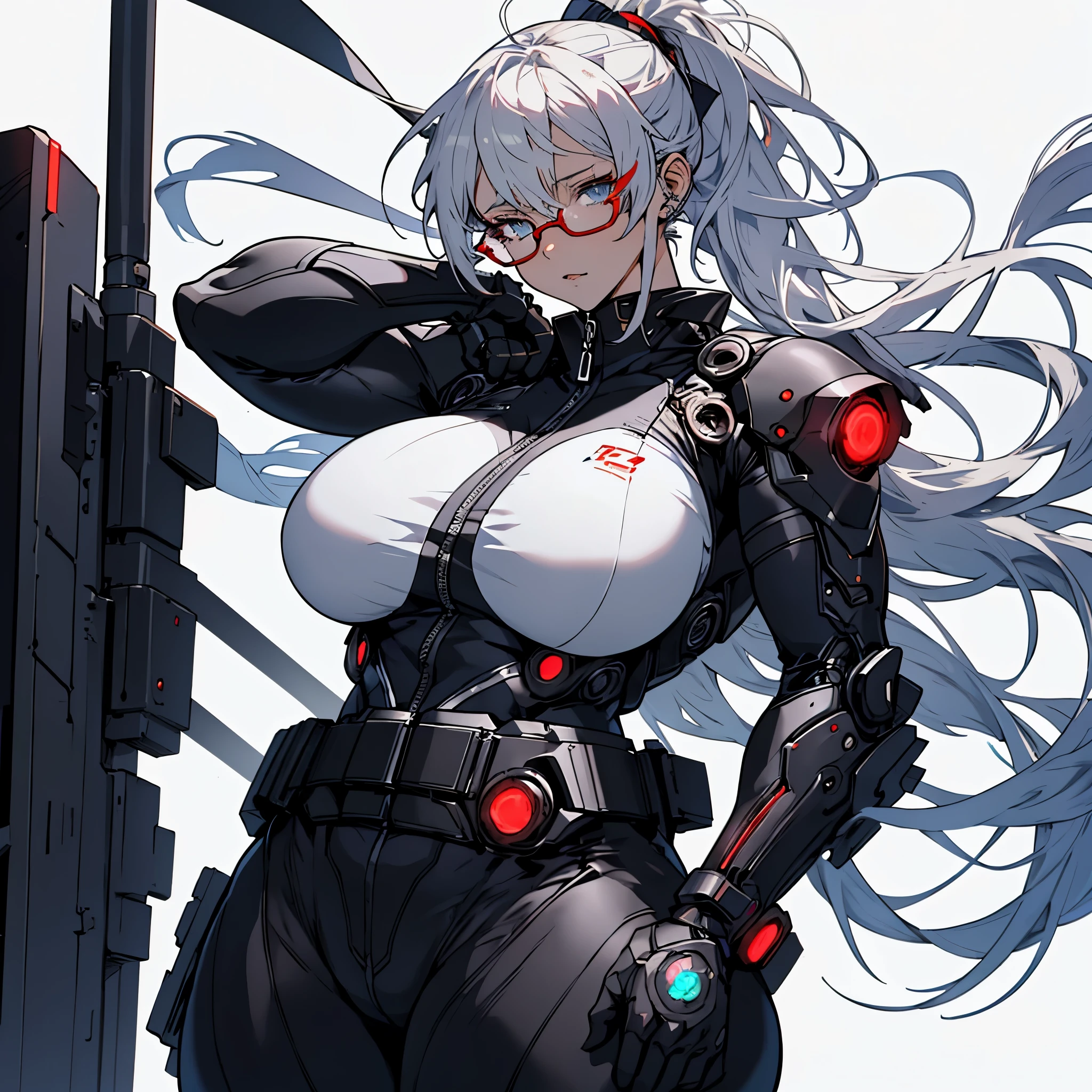 4K，Transparent Background，Exquisite picture，Anime manga girl，cyberpunk characters，cyborg，pure white background，(huge breast)，silver hair，Black Jumpsuit，blue eyes，red framed glasses,((((1 female)))),((((Thick body)))),26 years old female，Hair tied into a ponytail