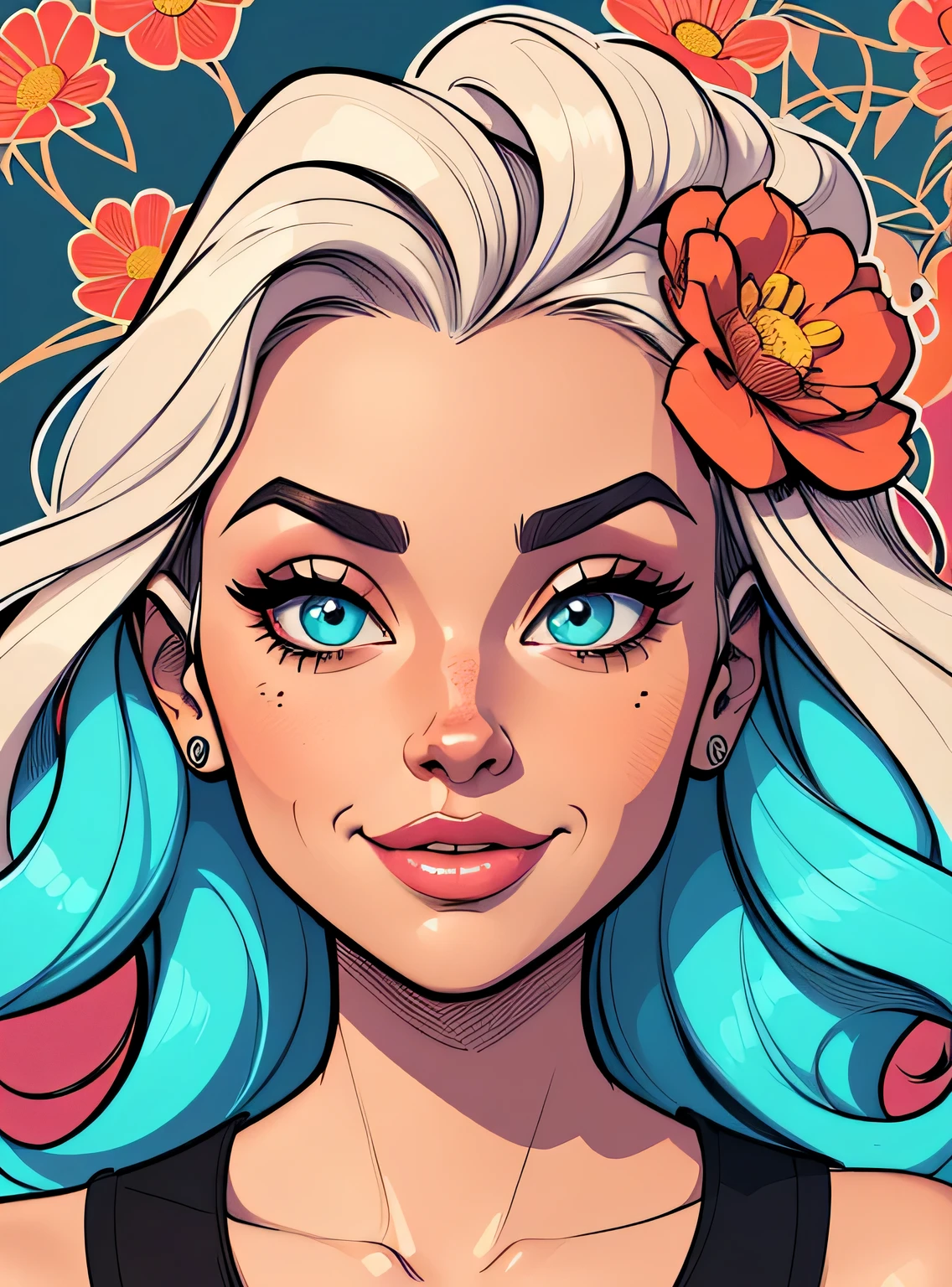 (estilo de desenho animado:1.2), Cartoon image of a woman with big hair and coffee, garota funky super fofa, cartoon style illustration, estilo de arte dos desenhos animados, estilo de arte dos desenhos animados, digital illustration style, design de personagens altamente detalhado, arte digital detalhada fofa, City Girl Fan Art, design de personagem retrato, beautiful digital illustration, retrato de alta qualidade, arte em quadrinhos, retrato do design do personagem, fundo floral