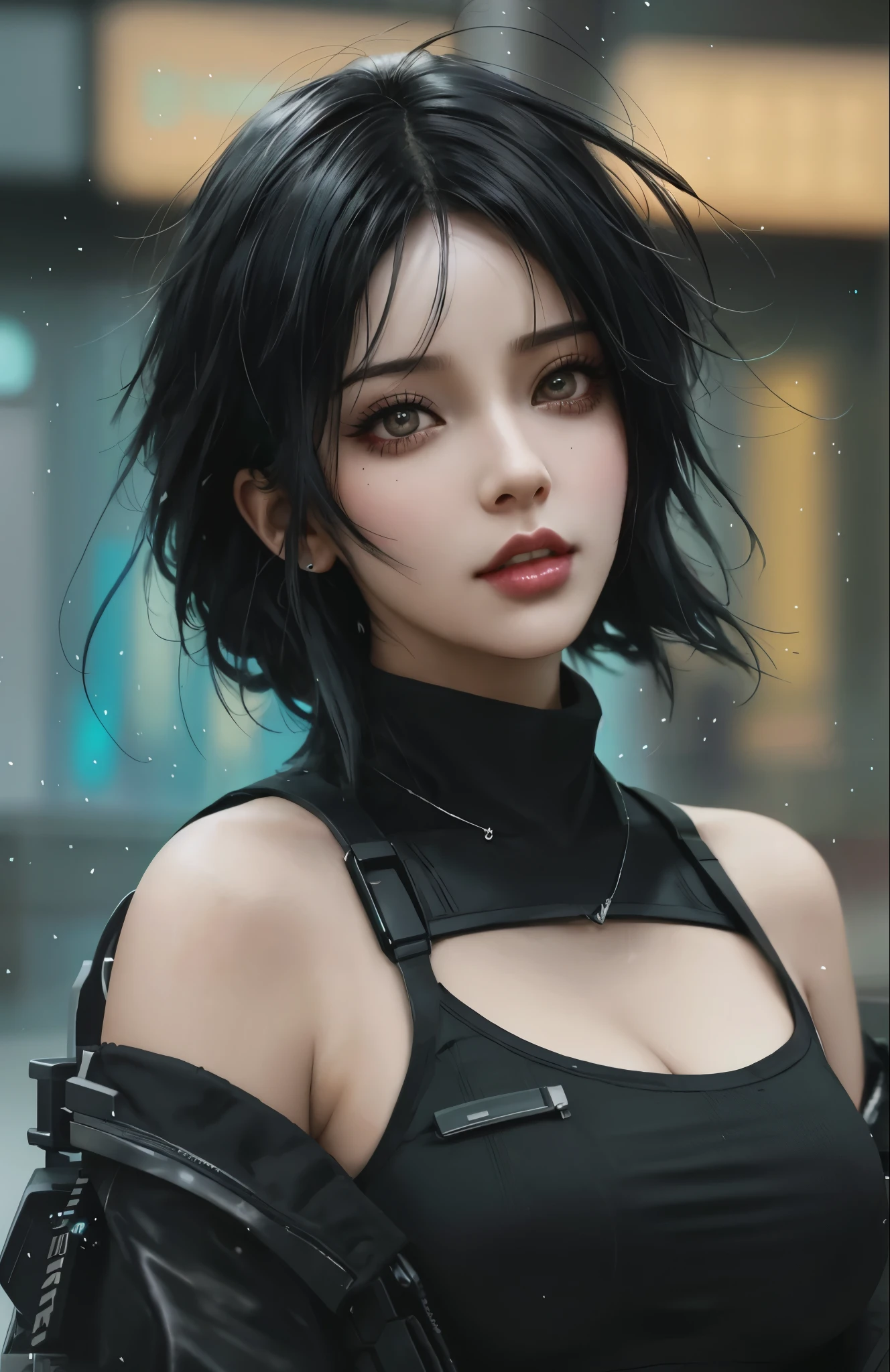 Arafad woman with black hair and black top posing for photo, beautiful cyber punk Girl face, jet black haired cyber punk Girl, Beautiful cyberpunk woman model, dreamy cyber punk Girl, the cyber punk Girl portrait, Alaina Ahenami (alena aenami) and artgerm, Cyberpunk beautiful girl, cyber punk Girl, Surreal cyberpunk style, seductive cyberpunk dark fantasy, Trash cyberpunk, Sexy gaze
