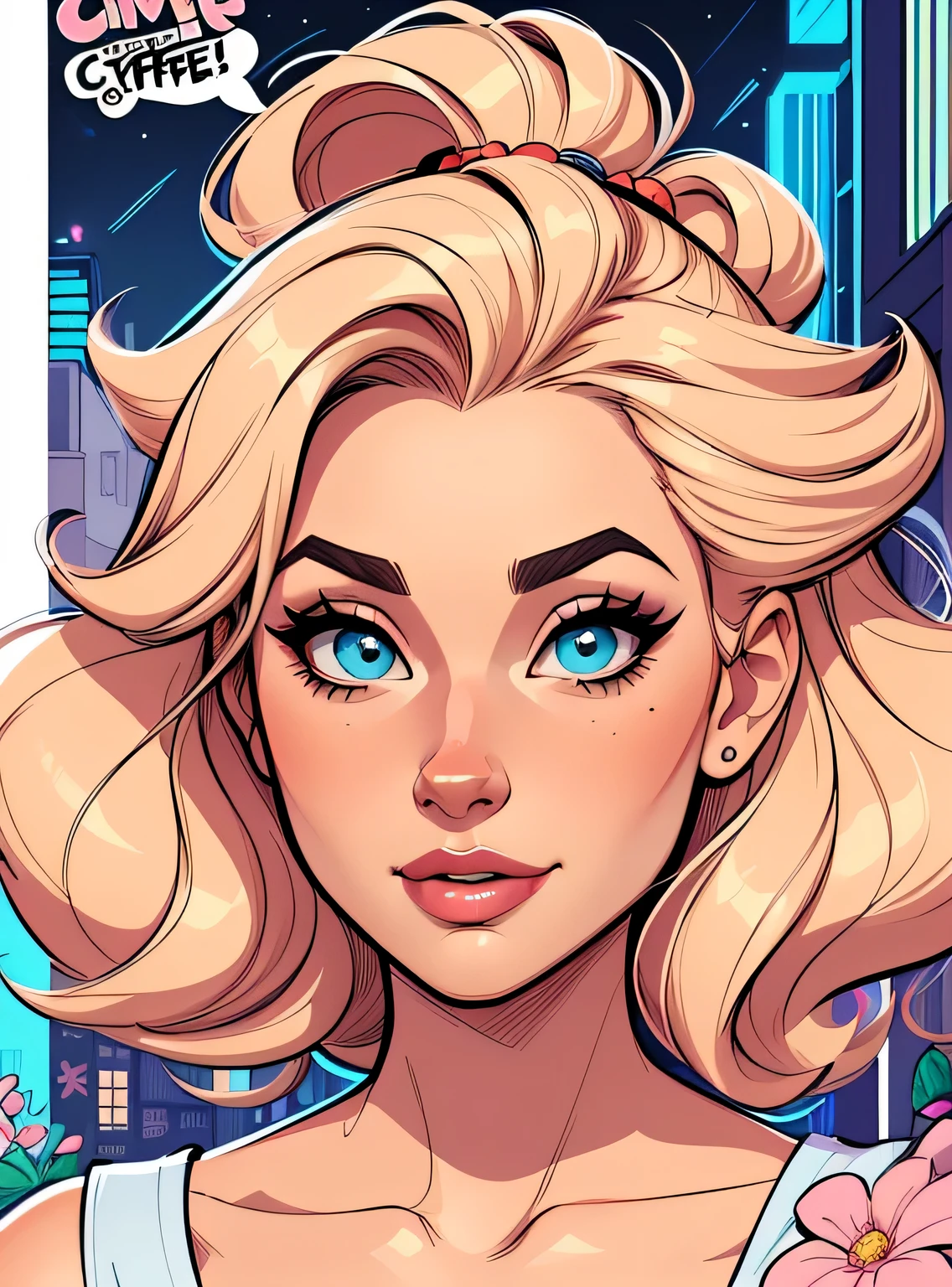 (estilo de desenho animado:1.2), Cartoon image of a woman with big hair and coffee, garota funky super fofa, cartoon style illustration, estilo de arte dos desenhos animados, estilo de arte dos desenhos animados, digital illustration style, design de personagens altamente detalhado, arte digital detalhada fofa, City Girl Fan Art, design de personagem retrato, beautiful digital illustration, retrato de alta qualidade, arte em quadrinhos, retrato do design do personagem, fundo floral
