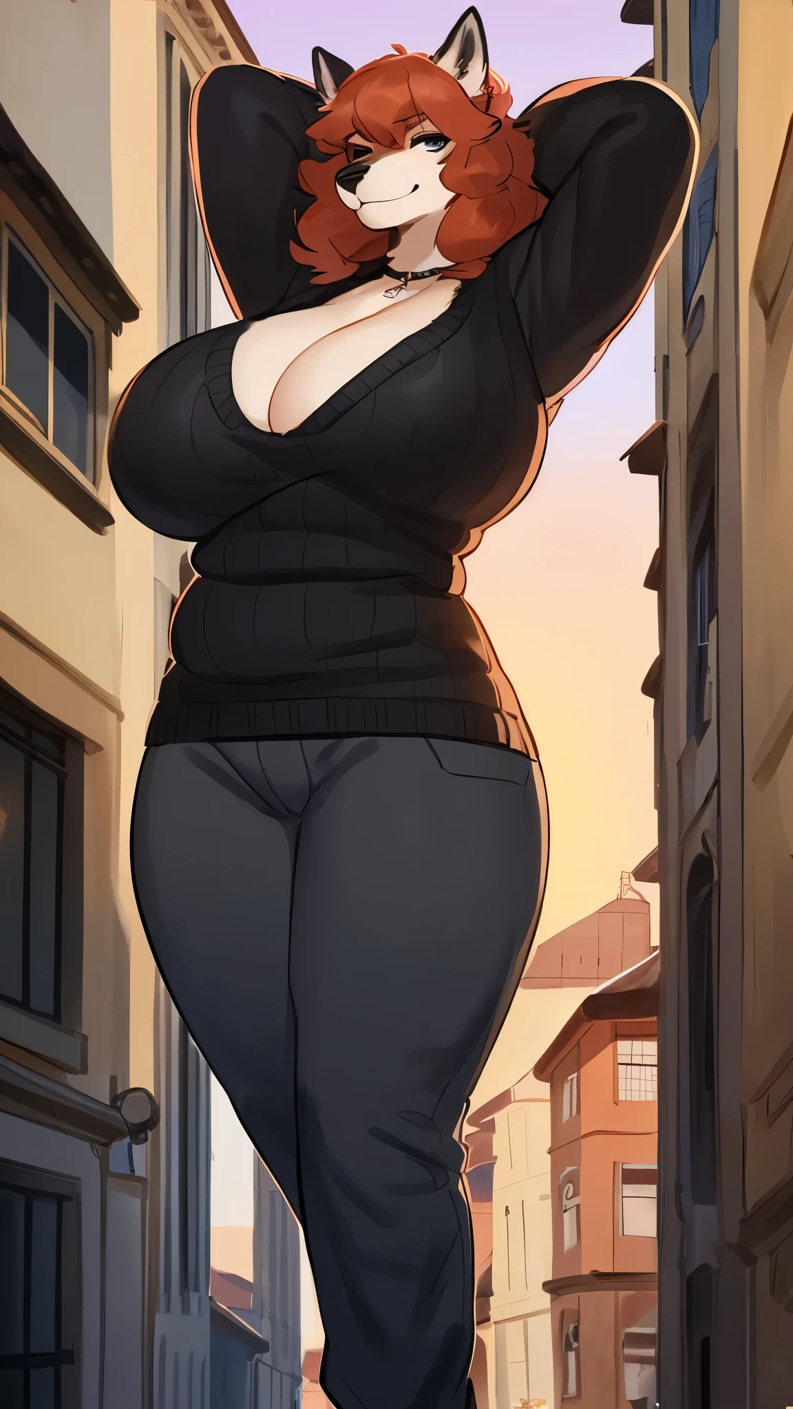 By bebebebebe, by lostgoose, by goonie-san, solo, muscular, canine, ((black wolf, fluffy)), smirking, hands behind head, wavy hair, ((copper hair)), (snout), big breasts, curvy, thicc, overweight, milf, chubby, standing, wrinkly, italian city, massive, size of a building, ((she is a 20 foot tall woman)), detailed eyes, (((prada))), cleavage, sweater, pants