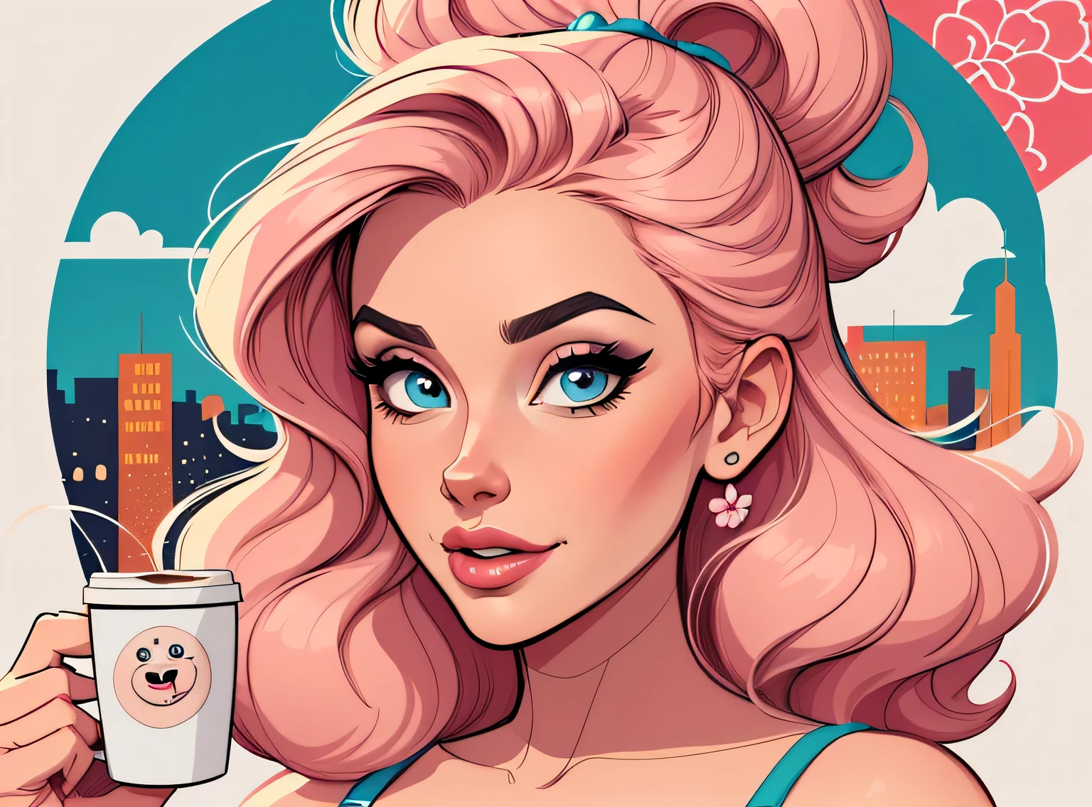 (estilo de desenho animado:1.2), Cartoon image of a woman with big hair and coffee, garota funky super fofa, cartoon style illustration, estilo de arte dos desenhos animados, estilo de arte dos desenhos animados, digital illustration style, design de personagens altamente detalhado, arte digital detalhada fofa, City Girl Fan Art, design de personagem retrato, beautiful digital illustration, retrato de alta qualidade, arte em quadrinhos, retrato do design do personagem, fundo floral
