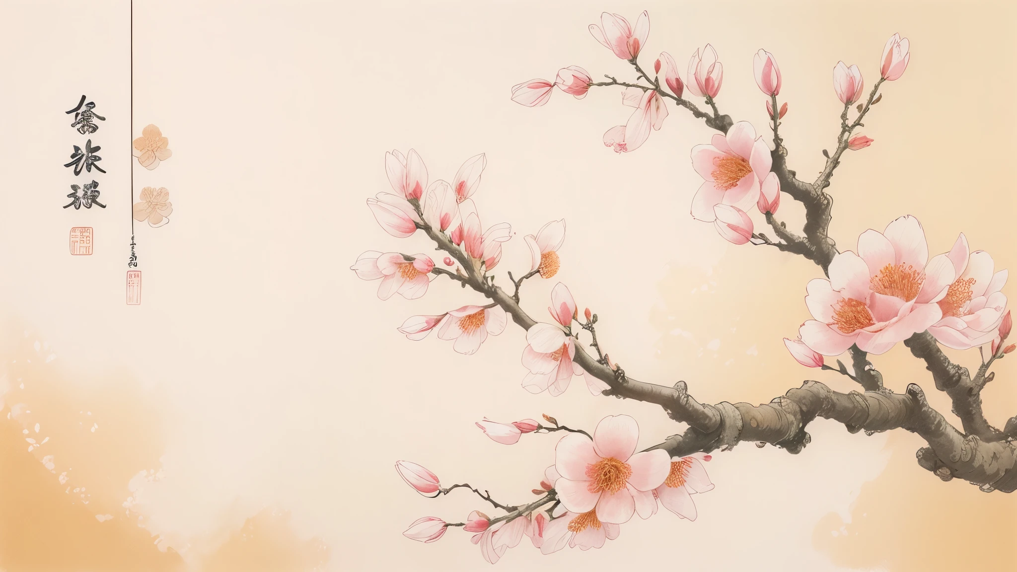 Peach blossom themed background，Leave a large area of white space in the center of the screen。 Light pink undertone。Chinese style，line，Golden wire。Diagonal composition，minimalist style。Chinese painting style。