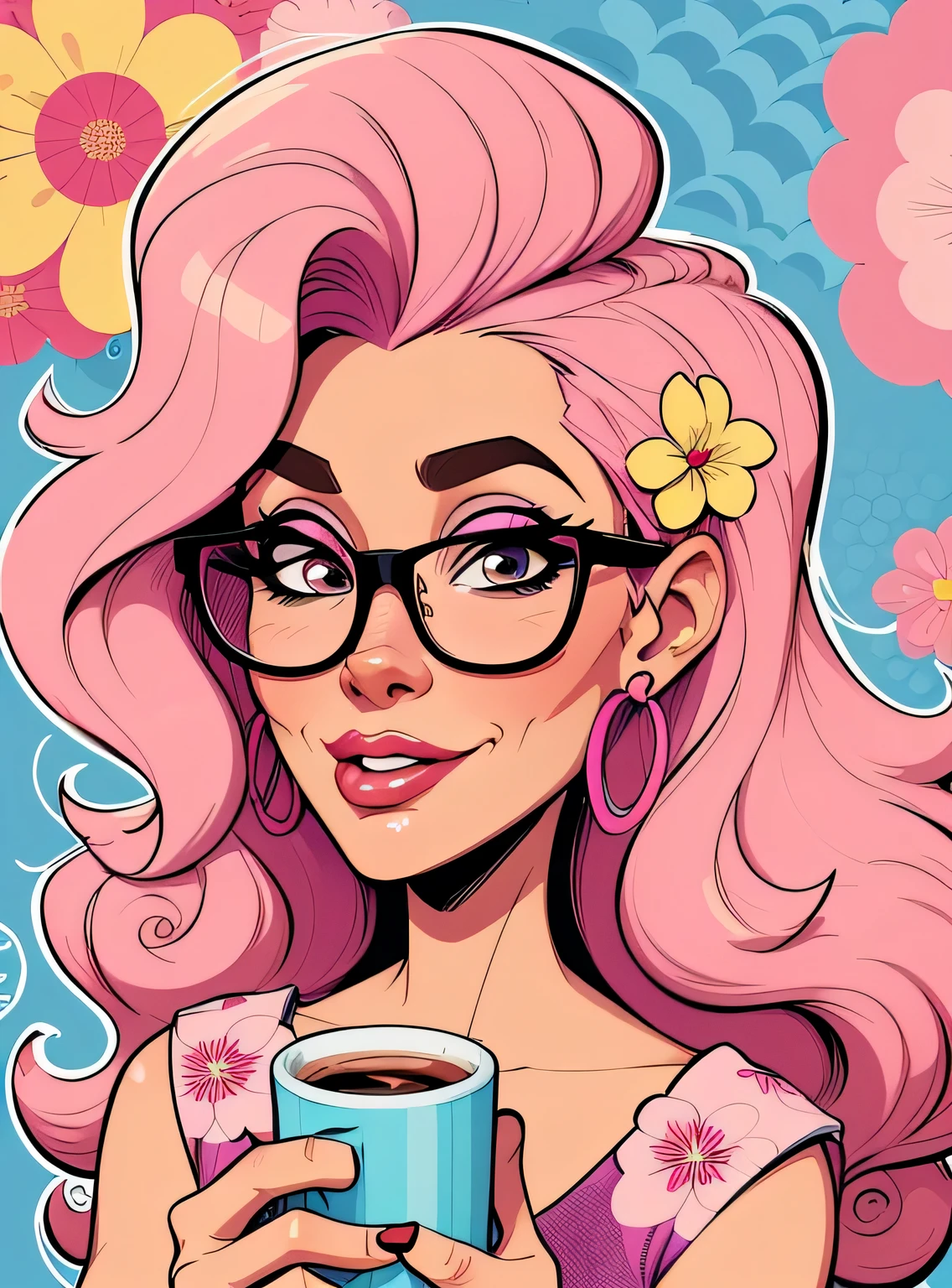(estilo de desenho animado:1.2), Imagem de desenho animado de uma mulher com cabelo grande, cups and coffee, garota funky super fofa, cartoon style illustration, estilo de arte dos desenhos animados, estilo de arte dos desenhos animados, digital illustration style, design de personagens altamente detalhado, arte digital detalhada fofa, City Girl Fan Art, design de personagem retrato, beautiful digital illustration, retrato de alta qualidade, arte em quadrinhos, retrato do design do personagem, fundo floral