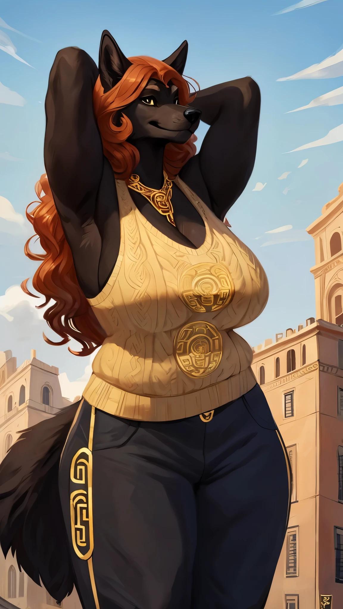 By bebebebebe, by lostgoose, by goonie-san, solo, muscular, canine, ((black wolf, fluffy)), smirking, hands behind head, wavy hair, ((copper hair)), (snout), big breasts, curvy, thicc, overweight, milf, chubby, standing, wrinkly, italian city, massive, size of a building, ((she is a 20 foot tall woman)), detailed eyes, (((versace))), cleavage, sweater, pants, (macro)