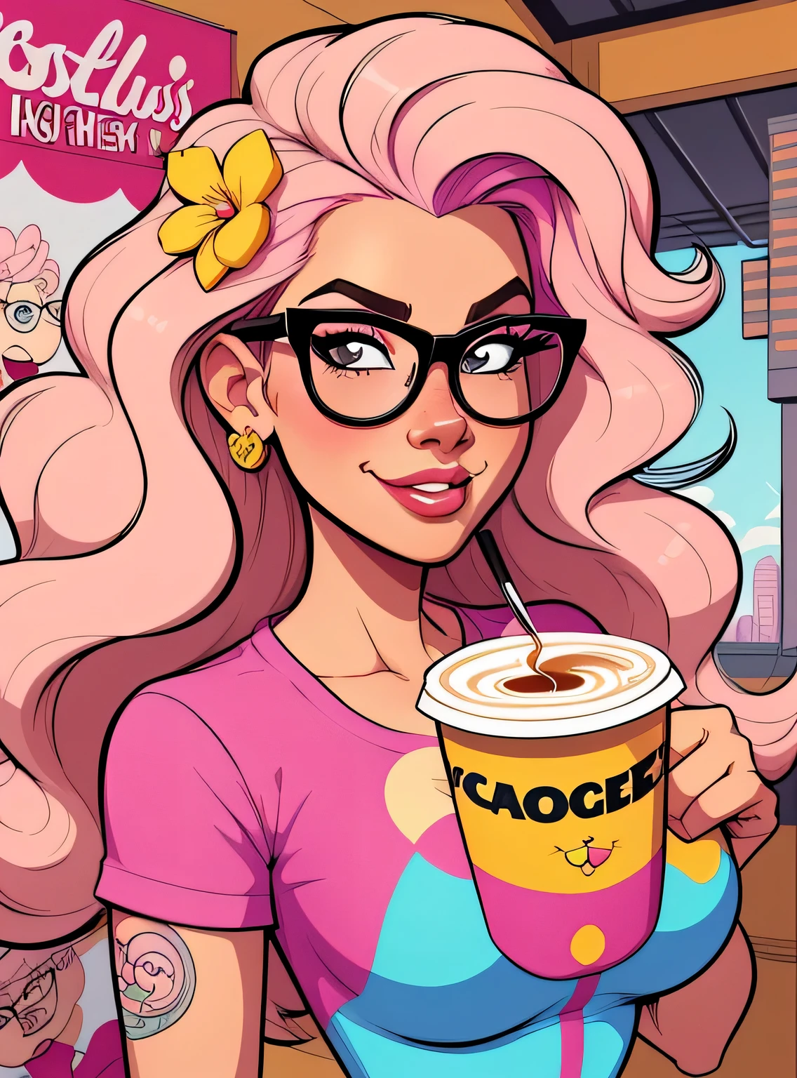 (estilo de desenho animado:1.2), Imagem de desenho animado de uma mulher com cabelo grande, cups and coffee, garota funky super fofa, cartoon style illustration, estilo de arte dos desenhos animados, estilo de arte dos desenhos animados, digital illustration style, design de personagens altamente detalhado, arte digital detalhada fofa, City Girl Fan Art, design de personagem retrato, beautiful digital illustration, retrato de alta qualidade, arte em quadrinhos, retrato do design do personagem, fundo floral