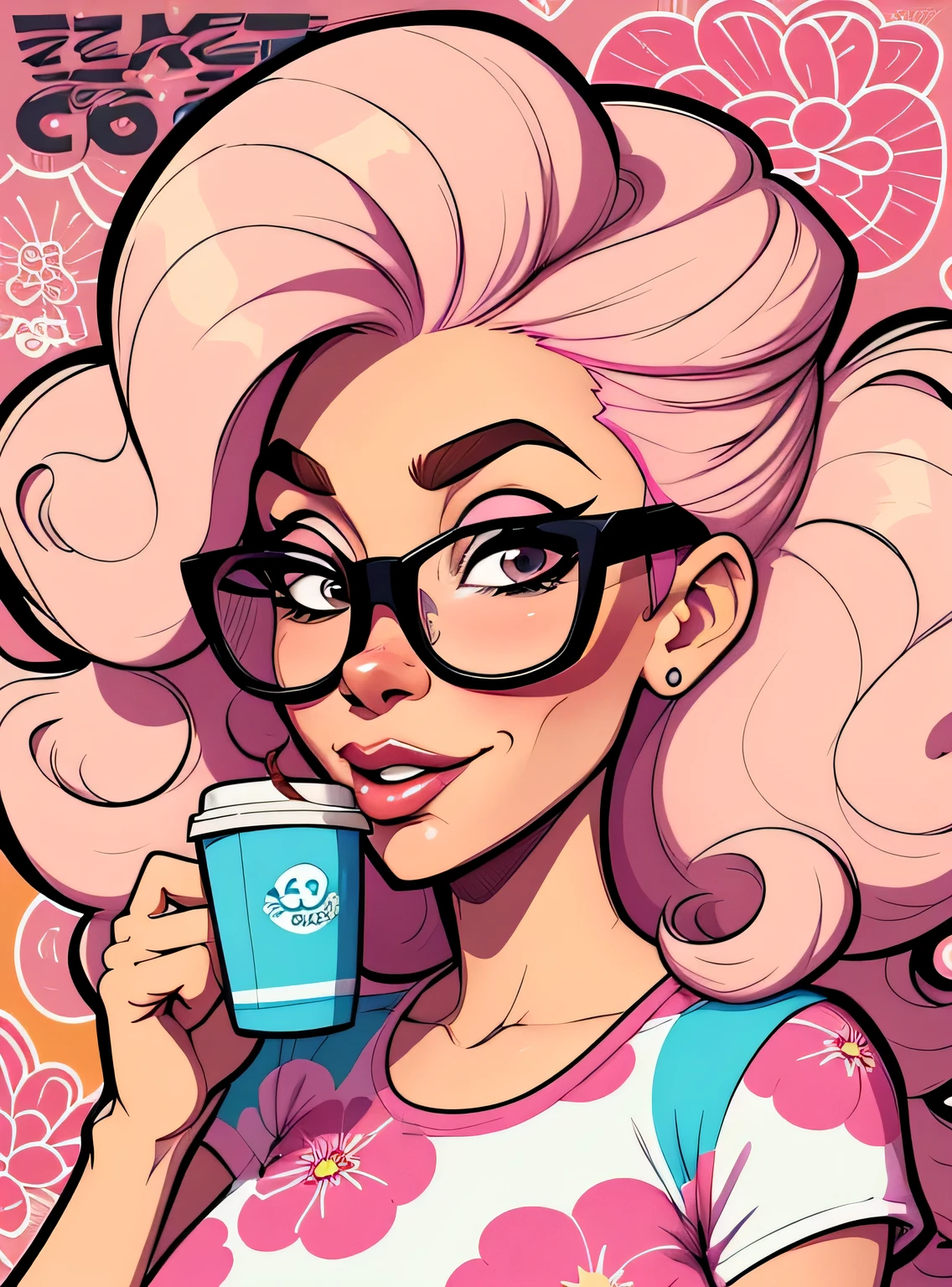 (estilo de desenho animado:1.2), Imagem de desenho animado de uma mulher com cabelo grande, cups and coffee, garota funky super fofa, cartoon style illustration, estilo de arte dos desenhos animados, estilo de arte dos desenhos animados, digital illustration style, design de personagens altamente detalhado, arte digital detalhada fofa, City Girl Fan Art, design de personagem retrato, beautiful digital illustration, retrato de alta qualidade, arte em quadrinhos, retrato do design do personagem, fundo floral