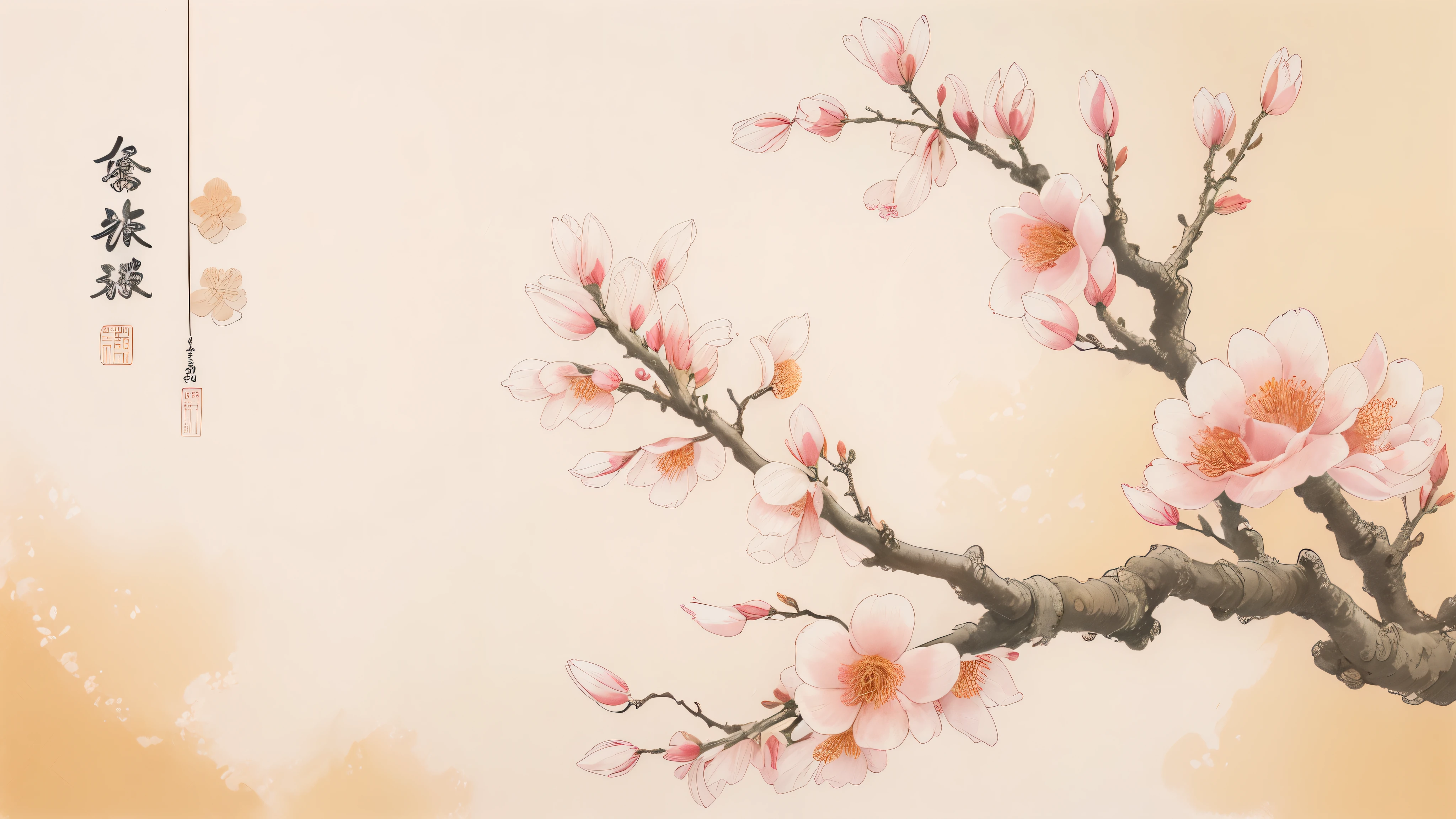 Peach blossom theme background，Leave a large area of white space in the center of the screen。 light pink background。Chinese style，Wire，金Wire。对角Wire构图，minimalist style。Chinese painting style。