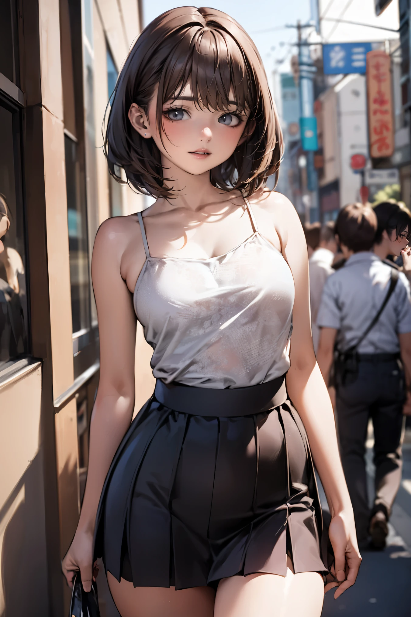 1 girl, smile, shirt, skirt, (small) Kirarhythm, Japanese high , Seravk, Summer clothes, Uniforms soaked by a squall, See-through bra, (Knee-high portrait),
