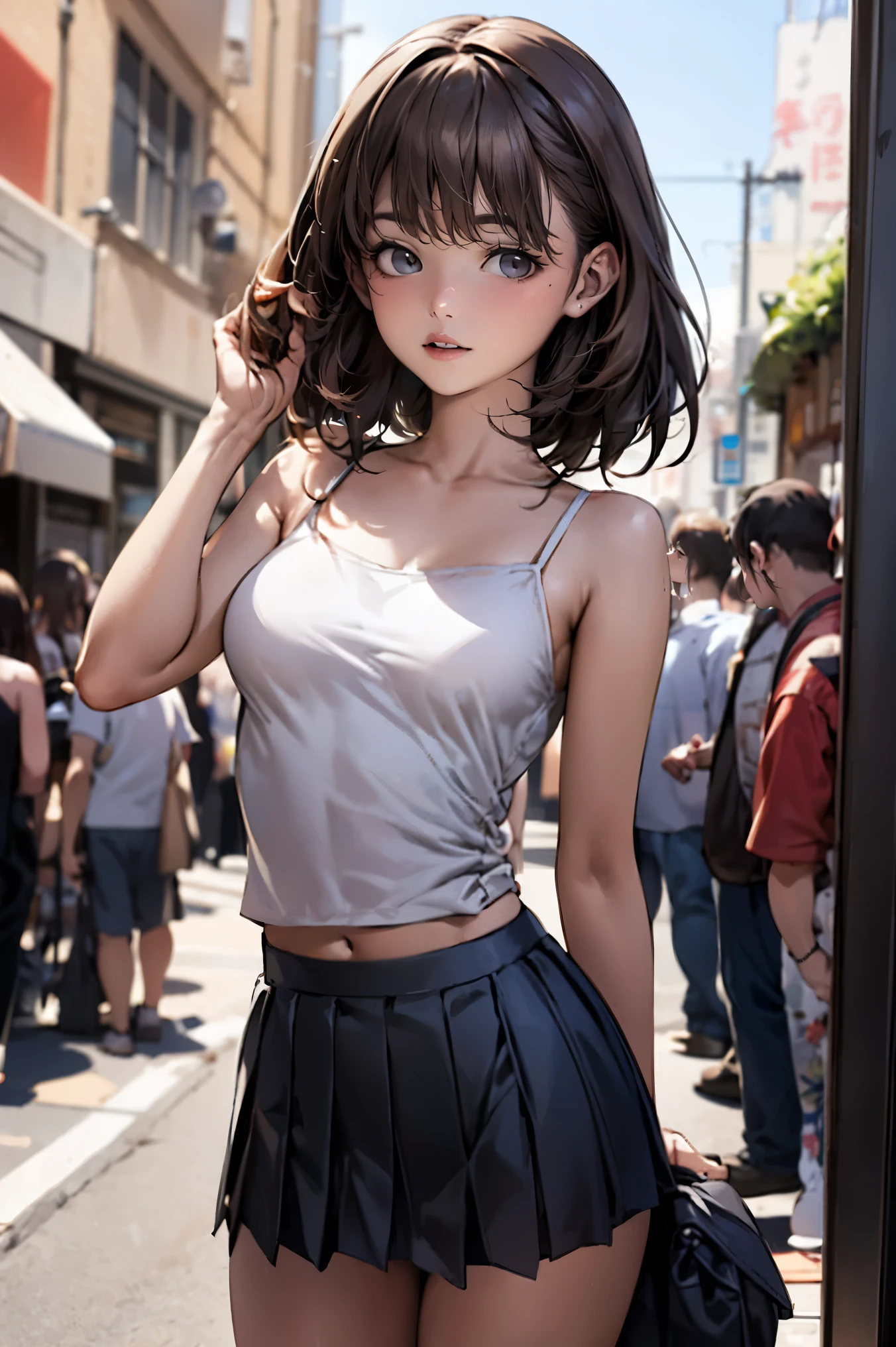 (1woman,solo),On a date、cowboy shot,Adult beauties,20-year-old、Japanese,perfect face, beautiful and symmetrical face:1.4、beautiful face:1.2、beautiful eyes:1.2、dark brown hair,short cut hair,brown eyes,shy look、view audience,a smile、(smaller head:1.4、ideal ratio body proportions:1.5)、skinny,slender body,(medium breasts:1.3),White camisole、bara shoulder、Yellow miniskirt、pleated skirt、bustling street、Tokyo