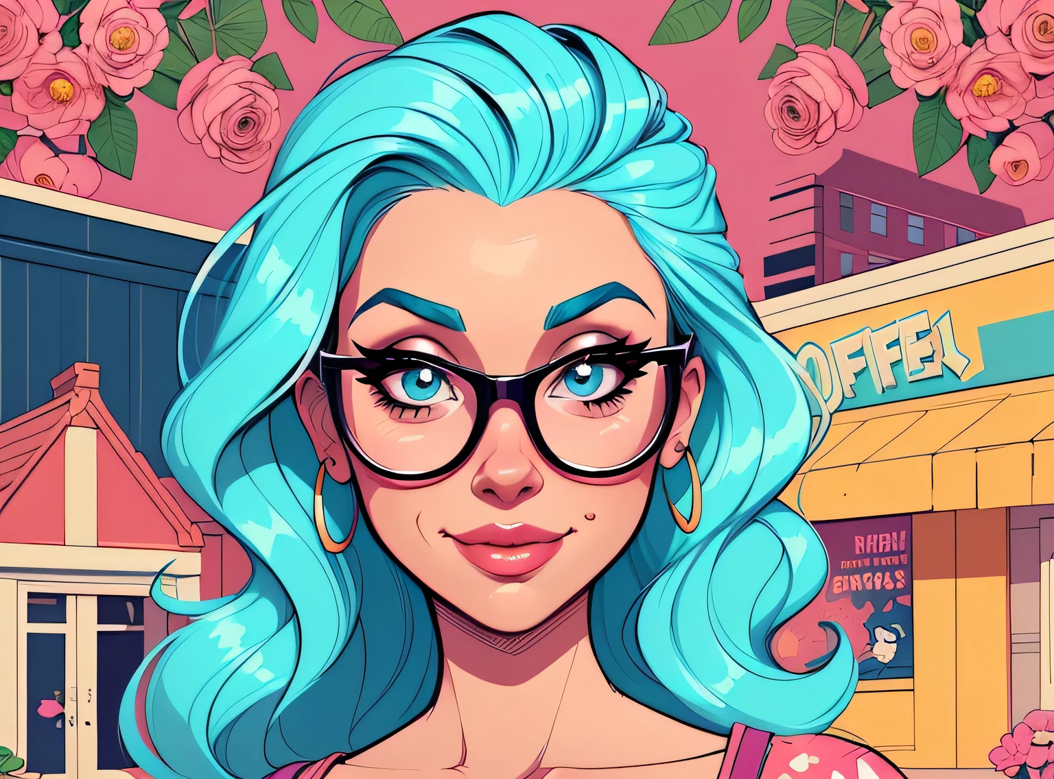 (estilo de desenho animado:1.2), Imagem de desenho animado de uma mulher com cabelo grande, cups and coffee, garota funky super fofa, cartoon style illustration, estilo de arte dos desenhos animados, estilo de arte dos desenhos animados, digital illustration style, design de personagens altamente detalhado, arte digital detalhada fofa, City Girl Fan Art, design de personagem retrato, beautiful digital illustration, retrato de alta qualidade, arte em quadrinhos, retrato do design do personagem, fundo floral