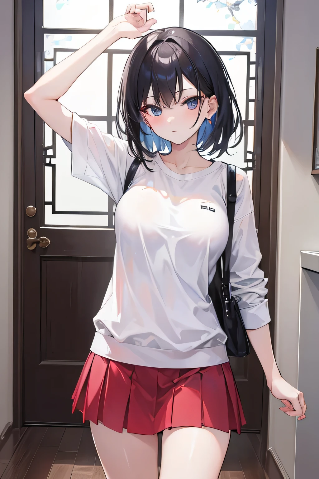 absurdres, high res, ultrasharp, 8K, masterpiece, looking at viewer, female, casual clothing, ((middle aged)), ((mature)), older, slim, skirt