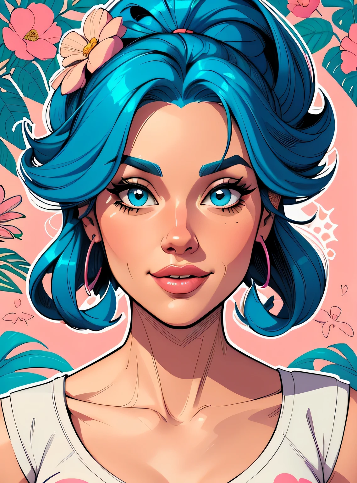 (estilo de desenho animado:1.2), Cartoon image of a woman with big blue hair and coffee, garota funky super fofa, cartoon style illustration, estilo de arte dos desenhos animados, estilo de arte dos desenhos animados, digital illustration style, design de personagens altamente detalhado, arte digital detalhada fofa, City Girl Fan Art, design de personagem retrato, beautiful digital illustration, retrato de alta qualidade, arte em quadrinhos, retrato do design do personagem, fundo floral