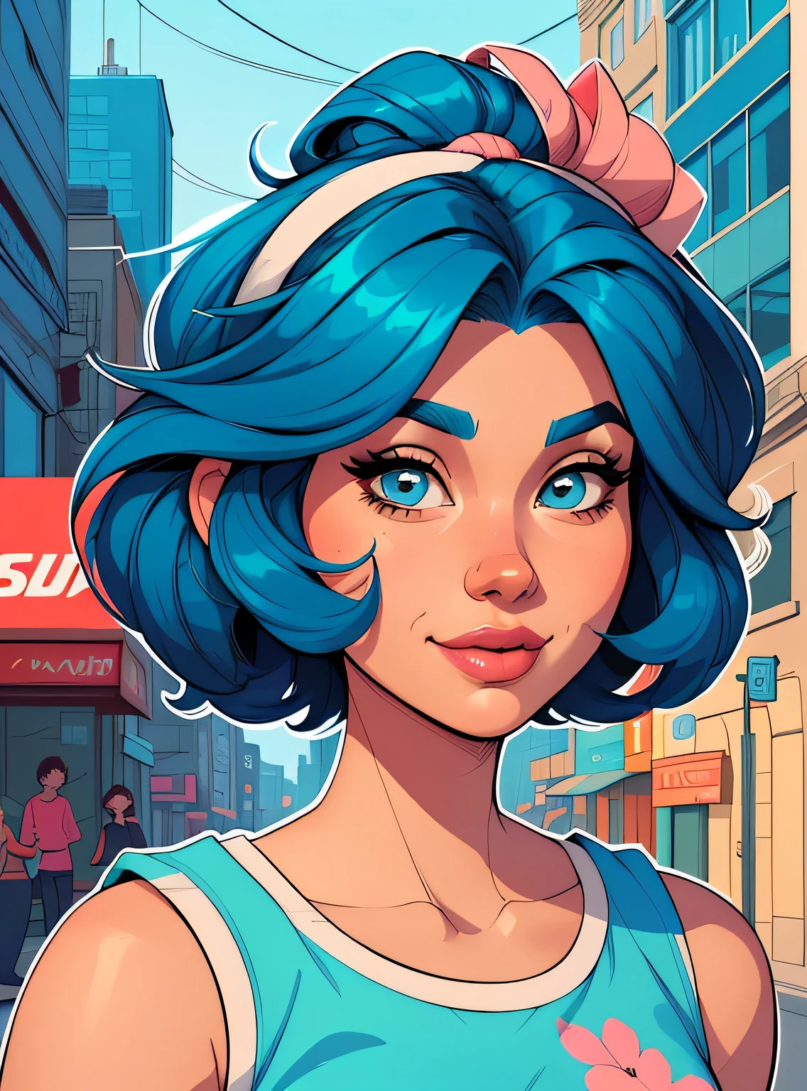 (estilo de desenho animado:1.2), Cartoon image of a woman with big blue hair and coffee, garota funky super fofa, cartoon style illustration, estilo de arte dos desenhos animados, estilo de arte dos desenhos animados, digital illustration style, design de personagens altamente detalhado, arte digital detalhada fofa, City Girl Fan Art, design de personagem retrato, beautiful digital illustration, retrato de alta qualidade, arte em quadrinhos, retrato do design do personagem, fundo floral