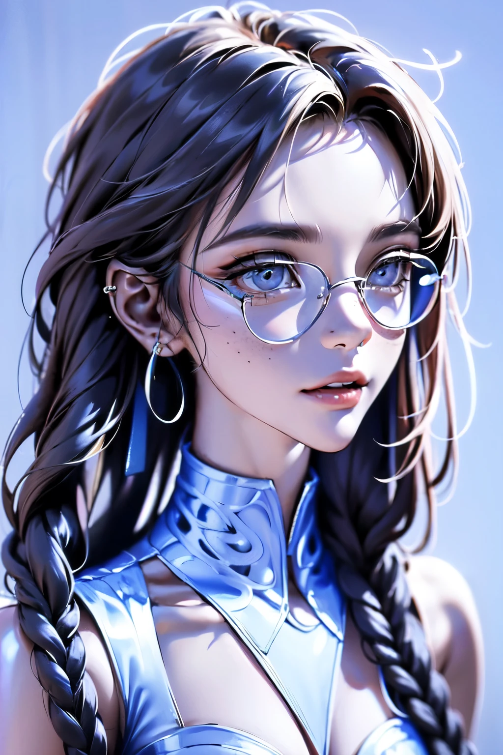 Masterpiece. High-quality, technological, art. A modern dark-skinned girl, with neatly styled Afro braids on her head, looks into the future. in front of the eyes are virtual reality glasses, a virtual reality device. Light blue background, a high-tech product, the aluminum body of the glasses is framed by massive, black glossy glass, a wide strap - the mount conveniently goes around the oval of the head (white plastic case, the charger wire falls along the neckline. Digital technologies, virtual reality, network services. She is a beautiful girl with virtual reality glasses on her face. Very beautiful - well-groomed girl, with clear skin, regular features, beautiful lips, and a slight smile on her face. Beautiful figure, modern clothes, cool modern couture dress. Presentation background, neutral gray-blue, in virtual space. Highest quality, 16 K. FUL HD, cinematic rendering. Create a piece of art that captures the unique beauty of Baby Michela, Famous Digital Influencer. Focus on her unique facial expression as she looks directly into the camera, taking care to convey the intensity of her piercing blue eyes. Accurately represent her signature style with Spanish style hair styled in two carefully crafted chignons. Add details that reflect her charming and avant-garde personality, We took care to convey the aura of modernity and originality that defines Lil Miquela in the digital world, Some freckles and nevi, and short hair wrapped